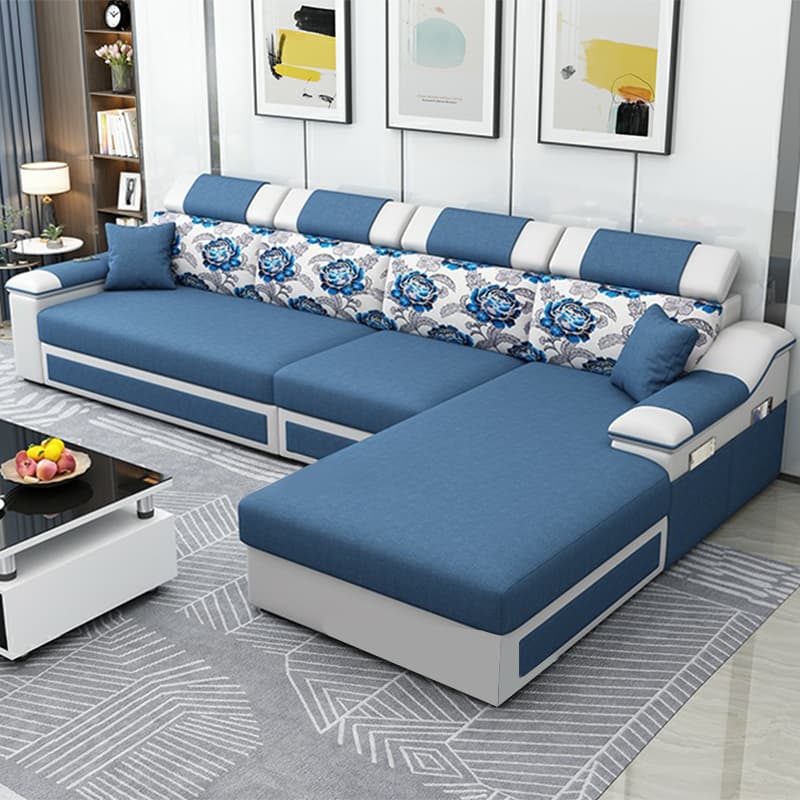 Modern Reversible L-Shape Wood Modular Sofa Chaise with Pillow Top Arm