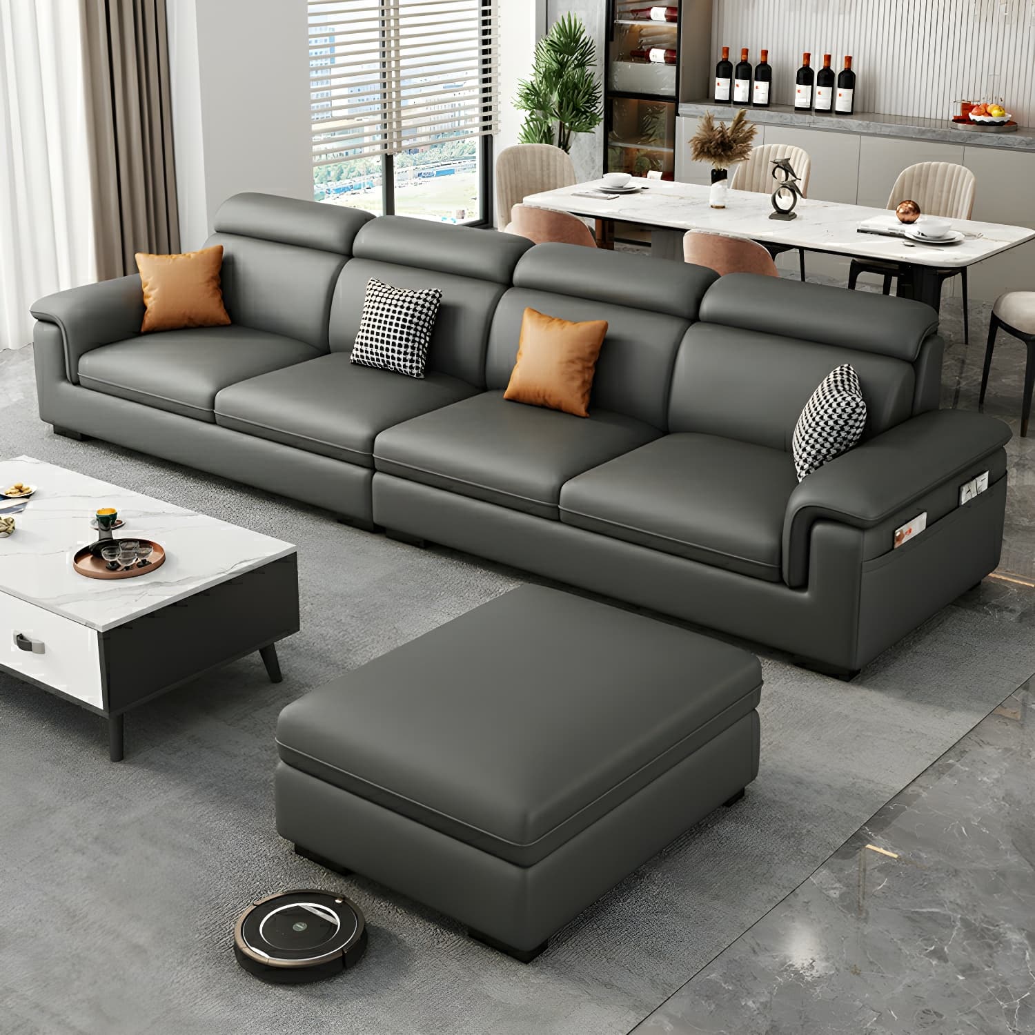 Modern Gray Stationary Sectional Sofa with Pillow Top Arm and Storage