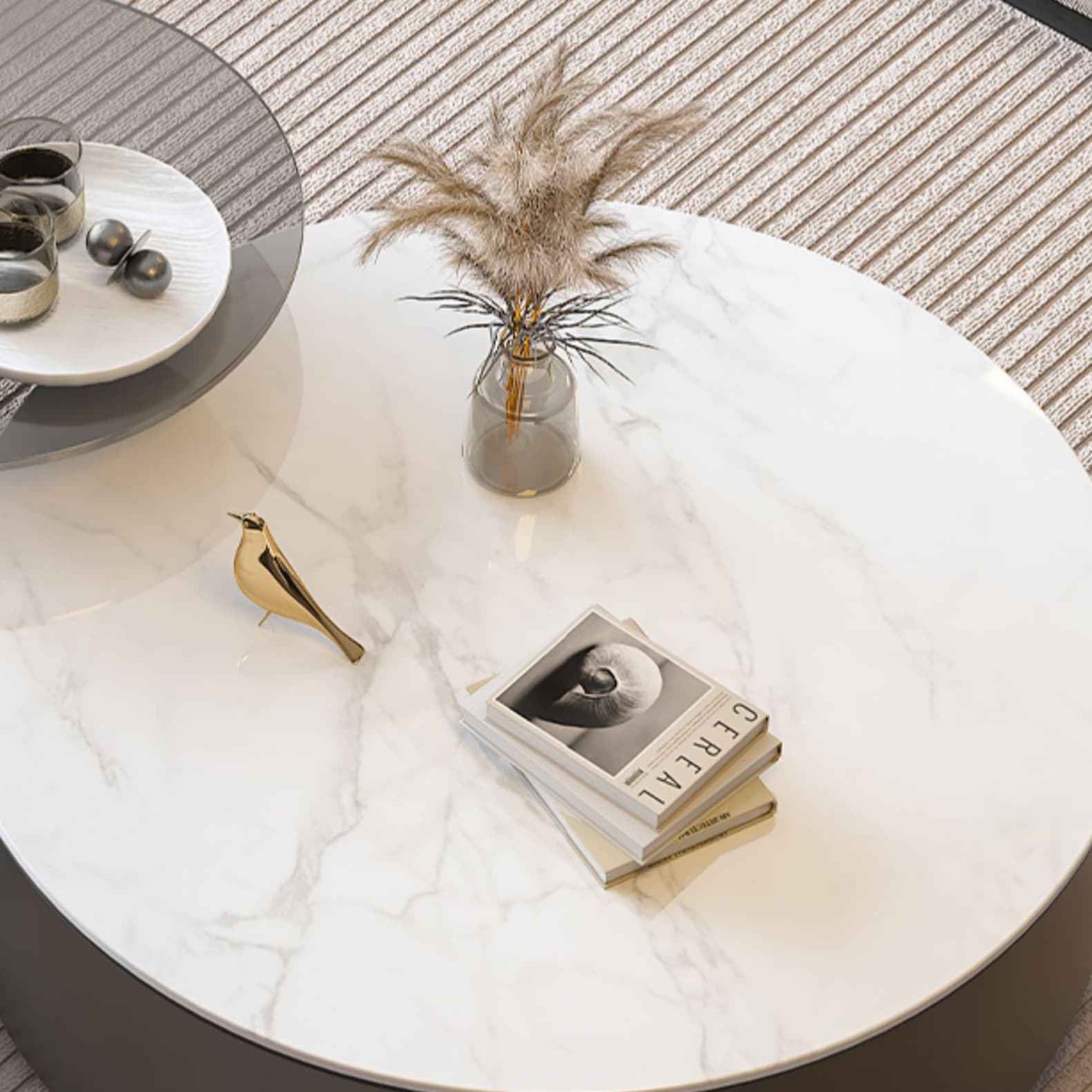 Stone Top Coffee Cocktail Table with Drawer Drum Contemporary Round - image 6