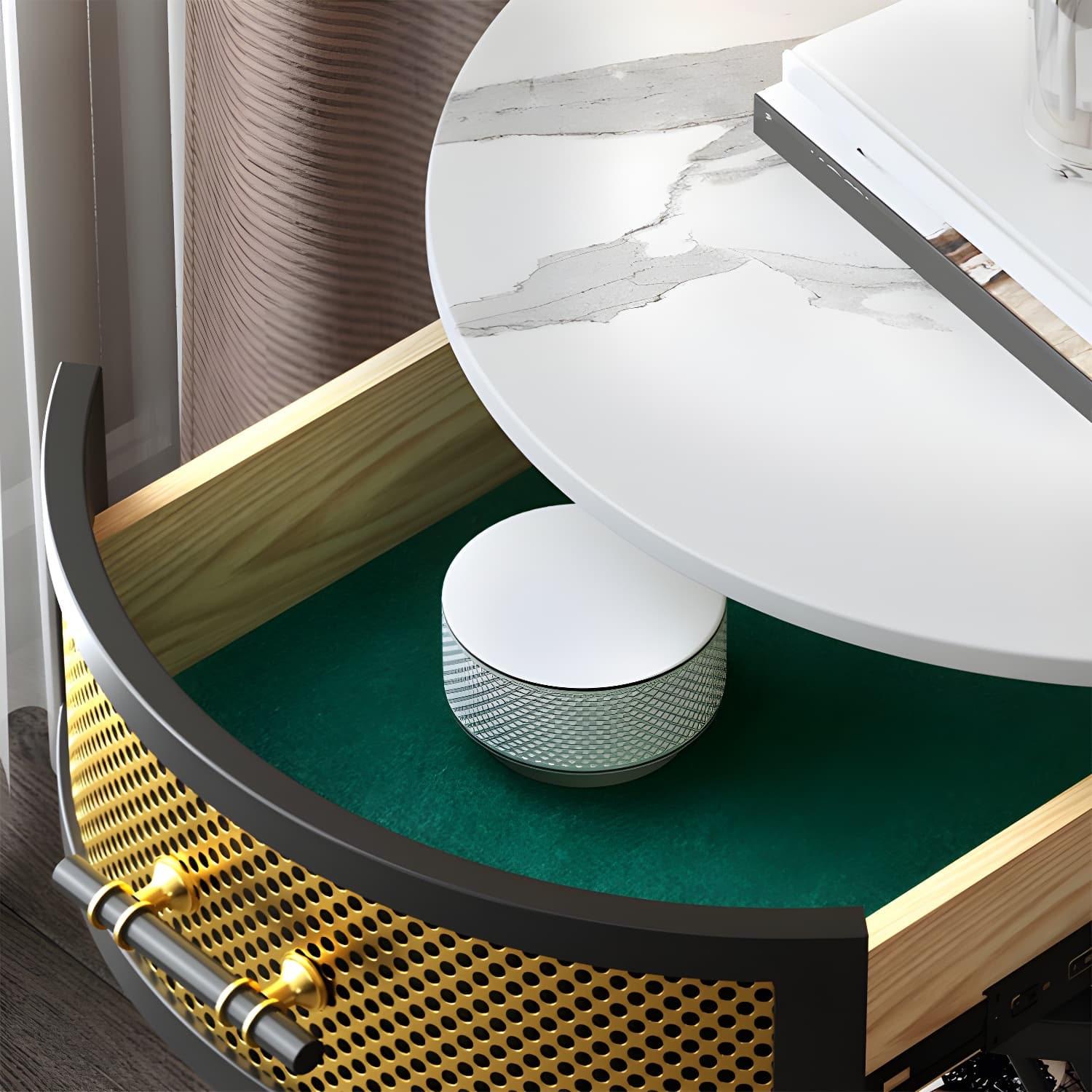 Glam Stone Top Night Table Open Storage 1-Drawer Metal Legs Included Nightstand - image 9