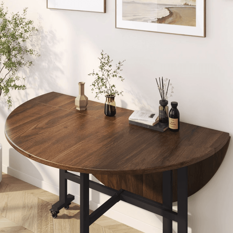 Simple Circular Weathered Wood Dining Table with MDF Top and Extendable Leaf Mechanism - image 6