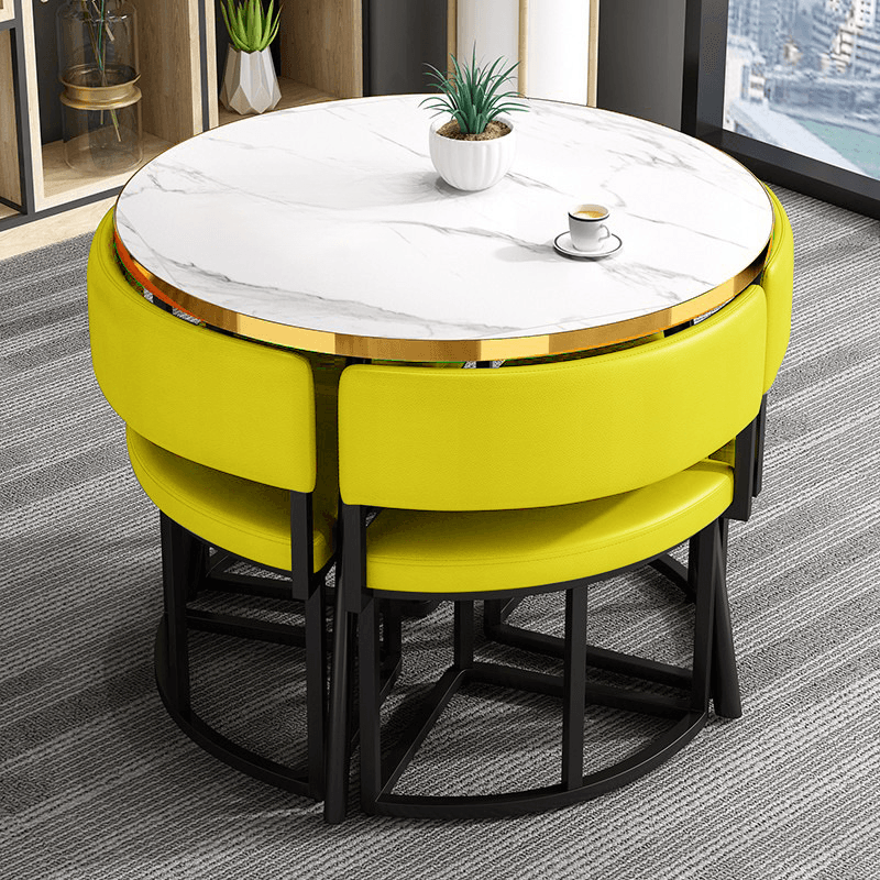 Art Deco Circular-shaped Upholstered Chair Metal & Faux Wood Dining Table Set with Upholstered Back in White, 5 Pieces - image 10