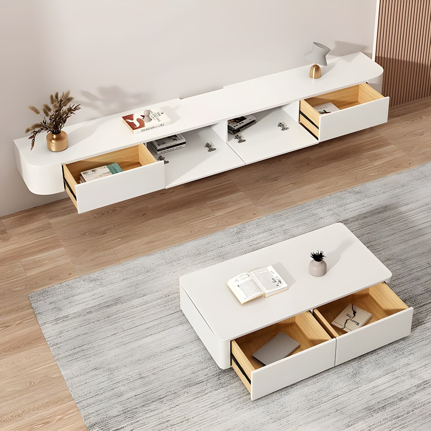 Elegant Rubberwood TV Stand with Floating Mount, Cable Management, and Soft Close Drawers - image 4