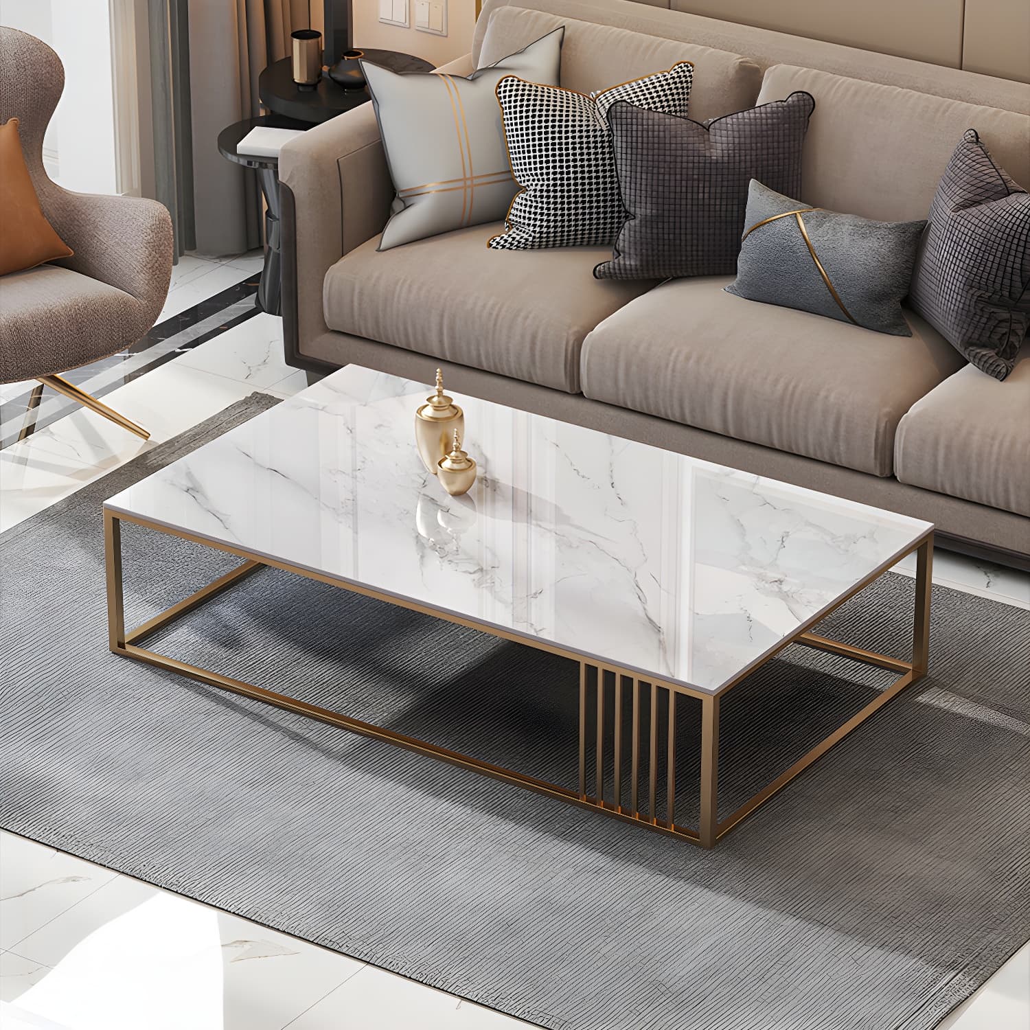 Glam Style Gold Iron Frame Coffee Table Gray Slate Table Top Coffee - image 10