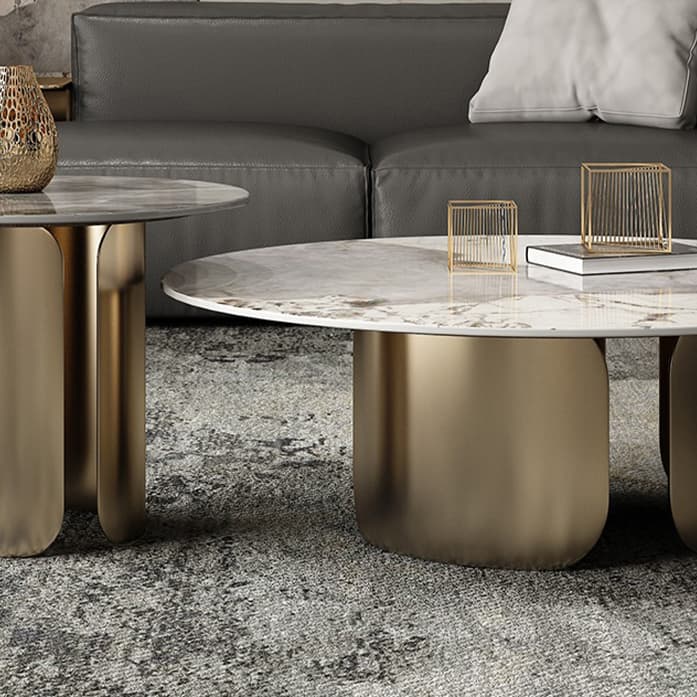 Chic Modern Round Beige Stone Top Coffee Table with Industrial Iron Base - image 10