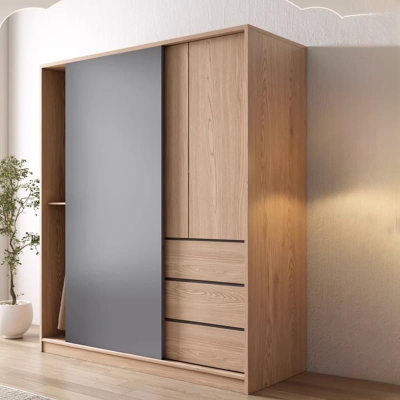 3-Drawer 0-Cabinet Natural Wood Wardrobe Armoire with 3 Clothing Rods
