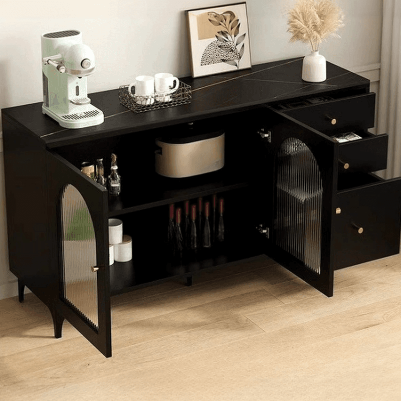 Narrow/Standard Coal Sideboard in Wood with Hutch, Glass Doors and Flexible Shelf in a Modern Style, 3 Drawers Included/Not Included