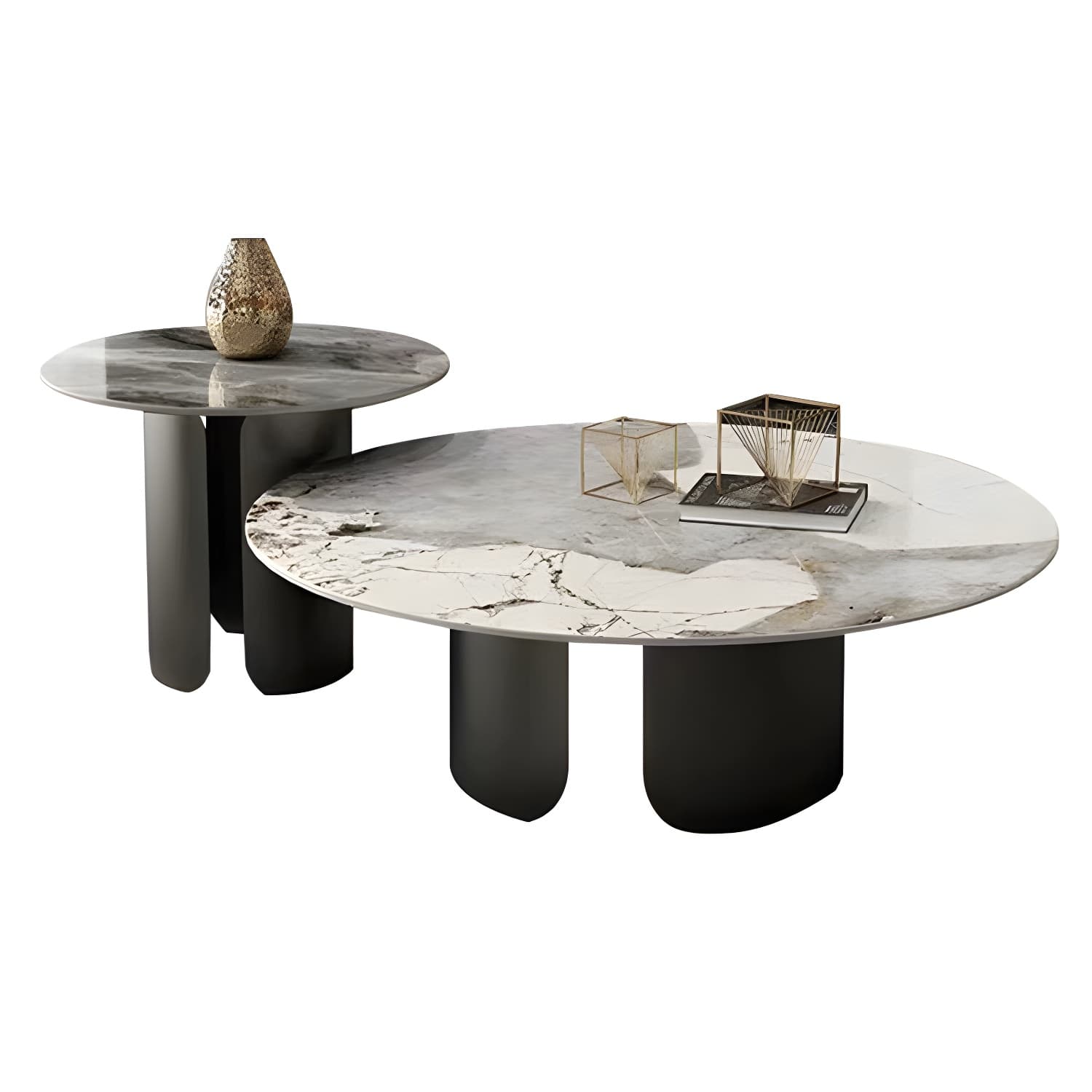 Chic Modern Round Beige Stone Top Coffee Table with Industrial Iron Base - image 7