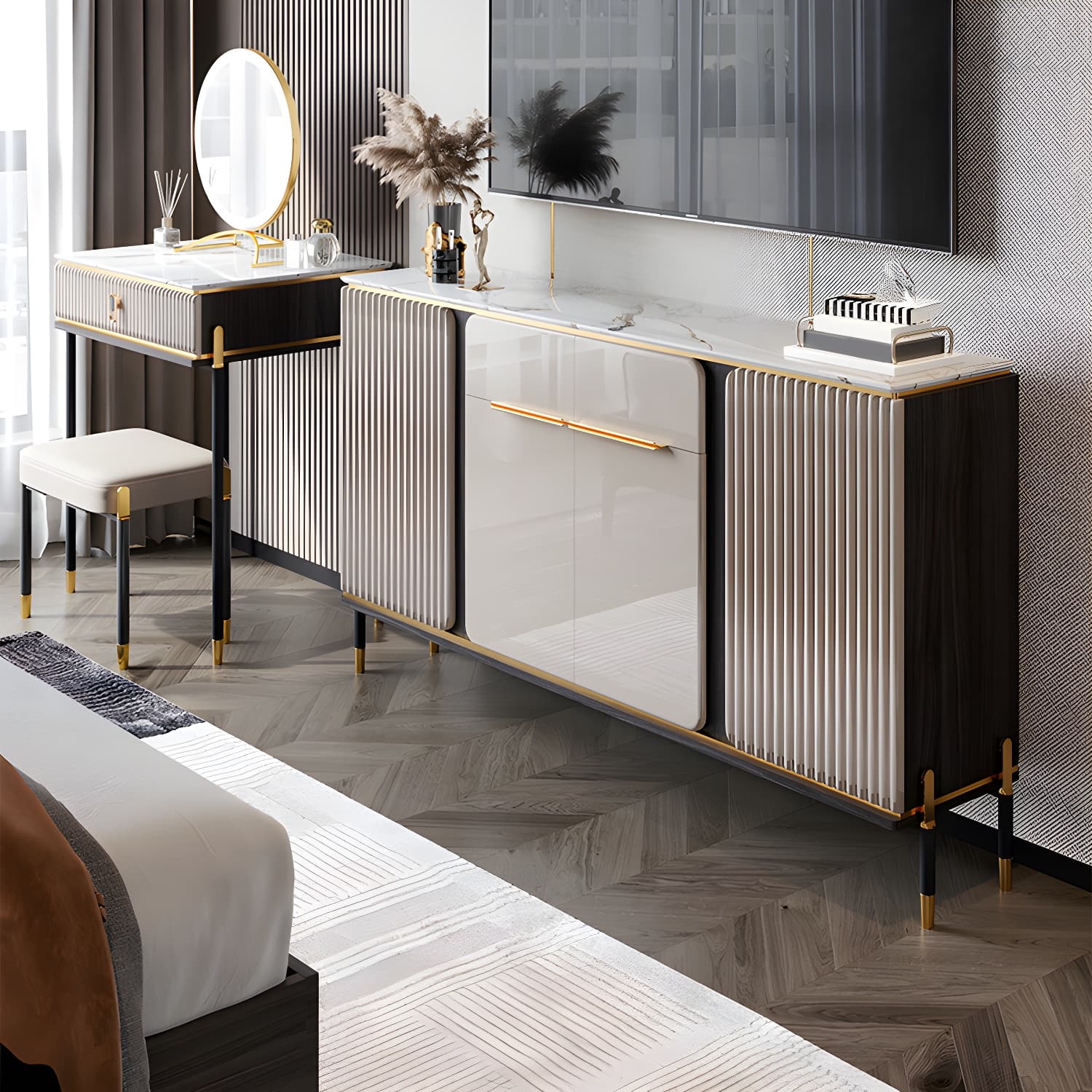 Stone Buffet Sideboard Glam Adjustable Shelves Buffet Credenza with Drawers and Cabinets - image 10
