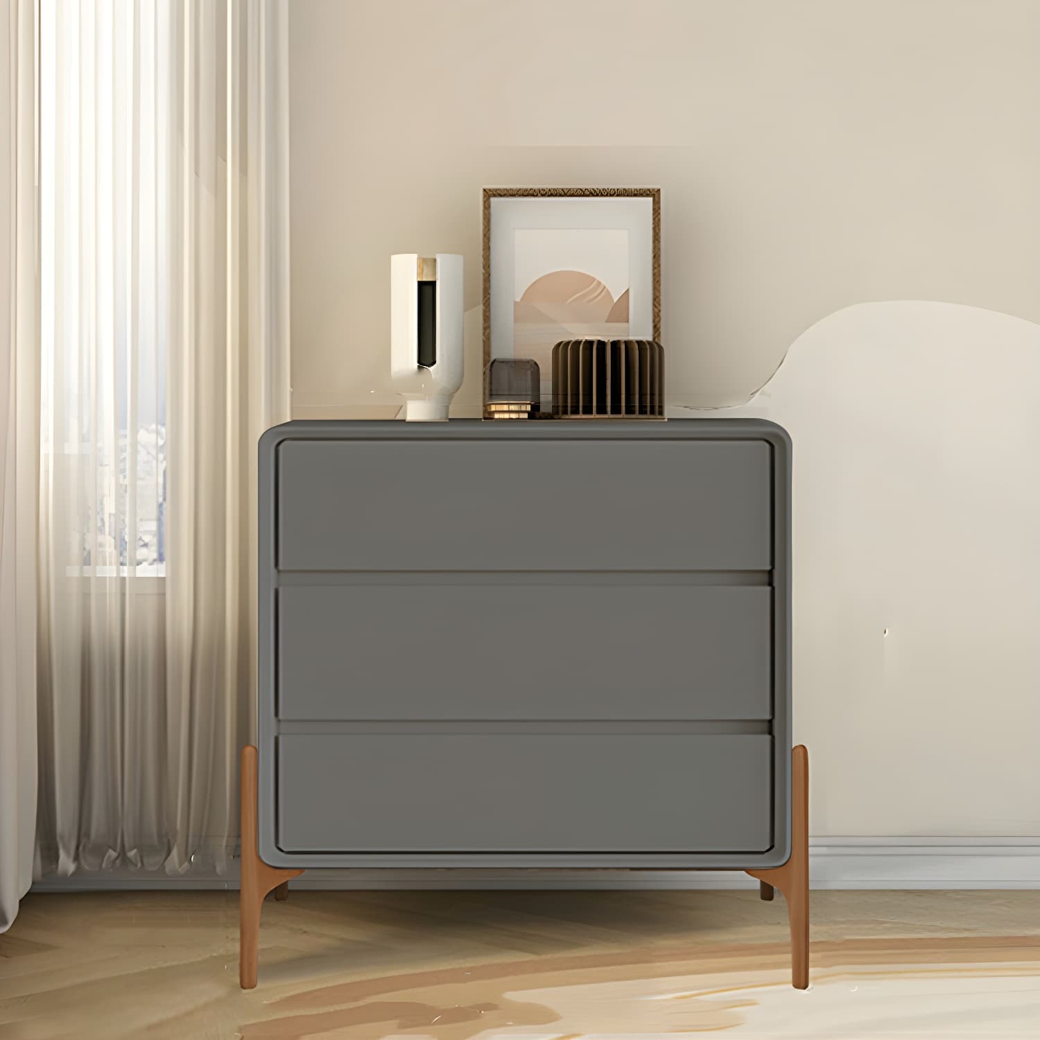 Modern Oak Wood And Leather Exterior Bachelor Chest with Soft-Close Drawers - Vertical Orientation