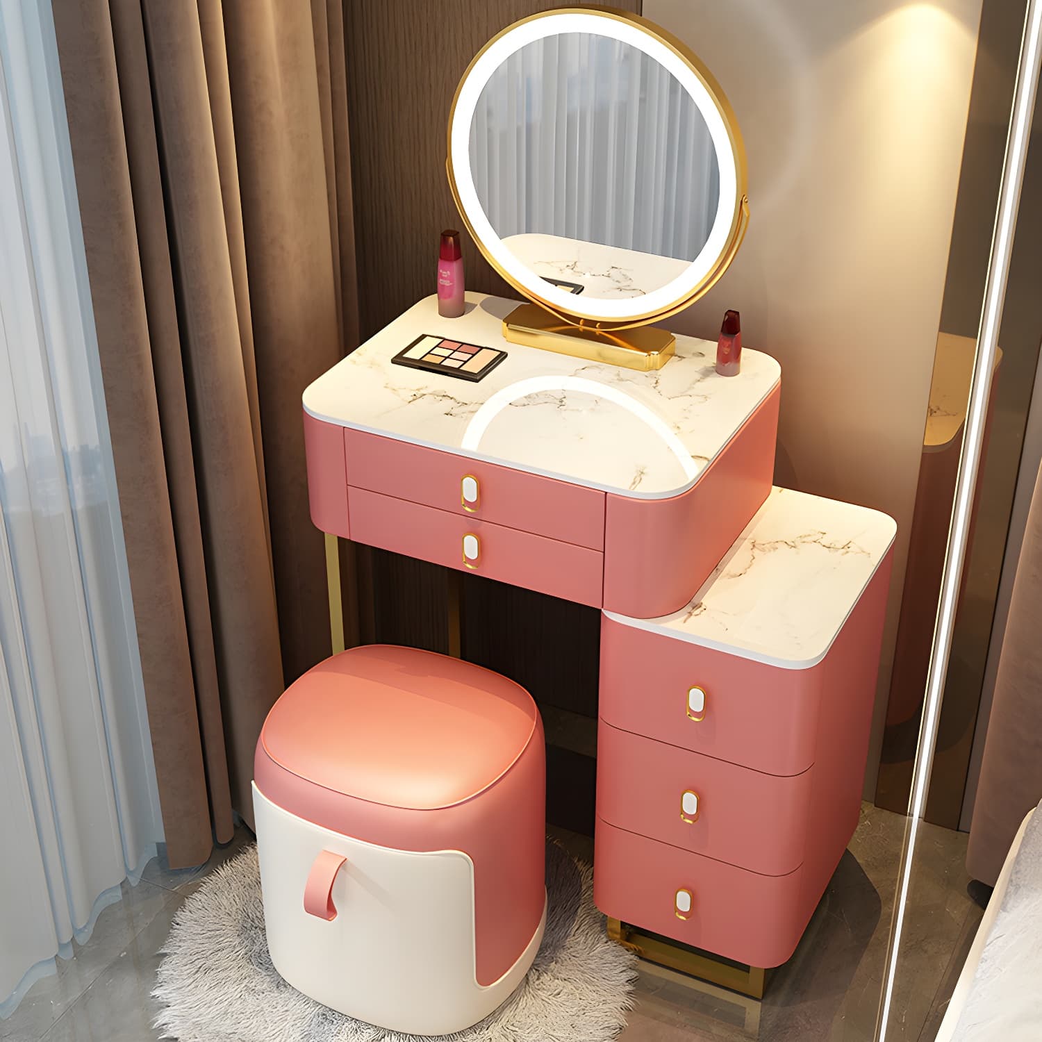 Stone Top Vanity with Storage Drawers Makeup Vanity Desk with Stool and Mirror - image 4
