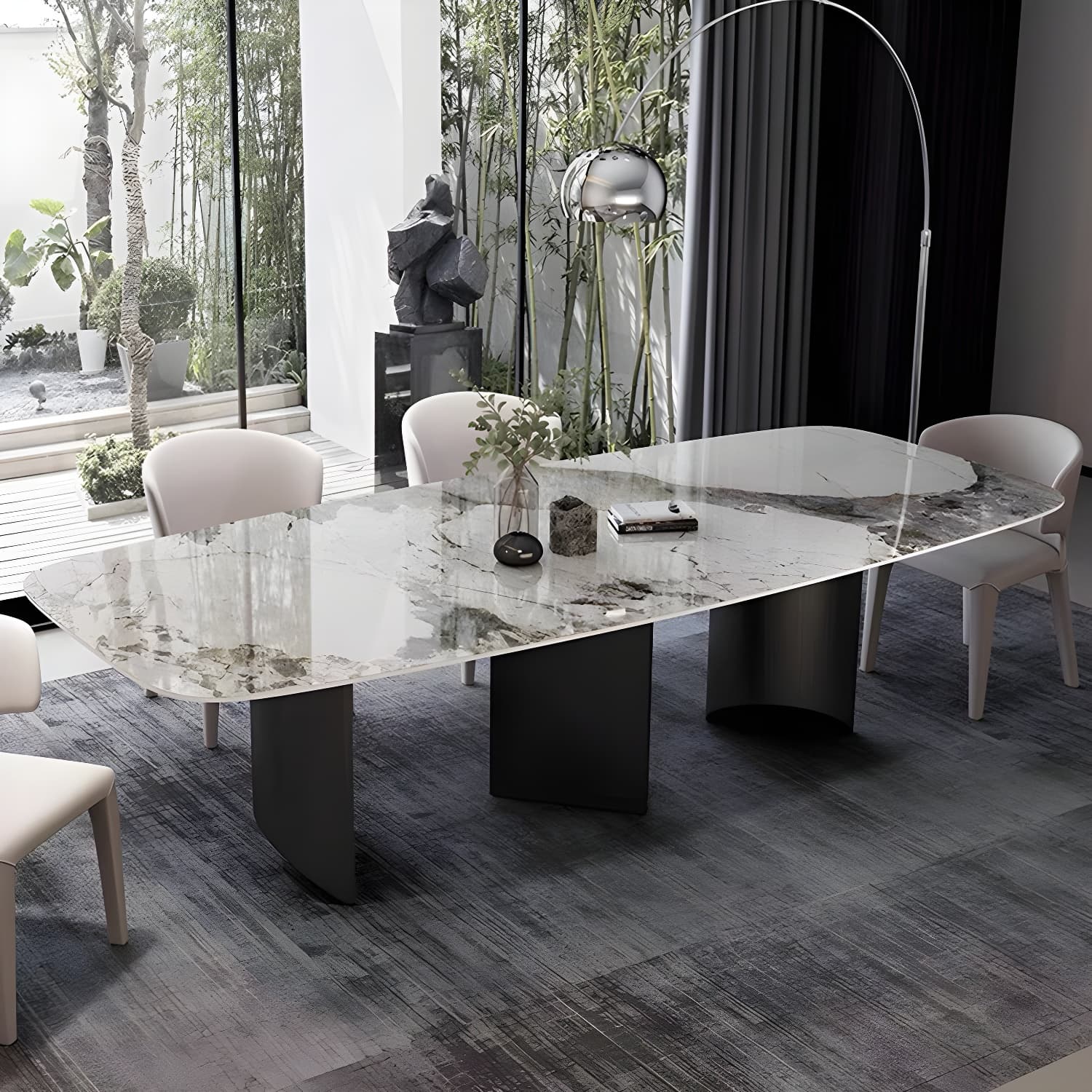 Rectangle Dining Table Sintered Stone Top Modern White Table with Black Legs - image 4
