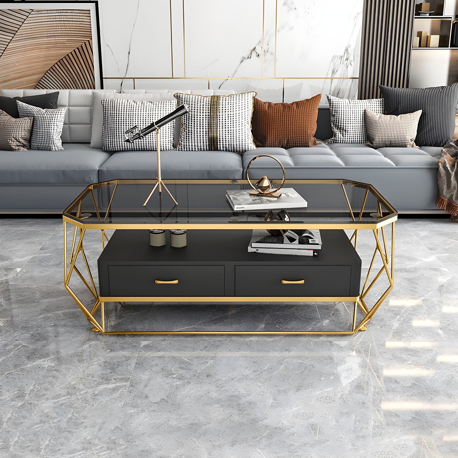 Glam Golden Frame Coffee Table with Storage Drawers Cocktail Table