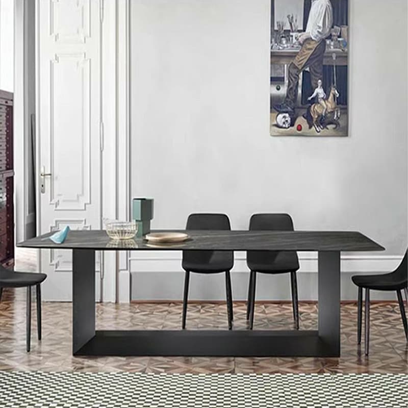 Modern Rectangle Stone Top Dining Table with Sleek Black Steel Trestle Base - image 5