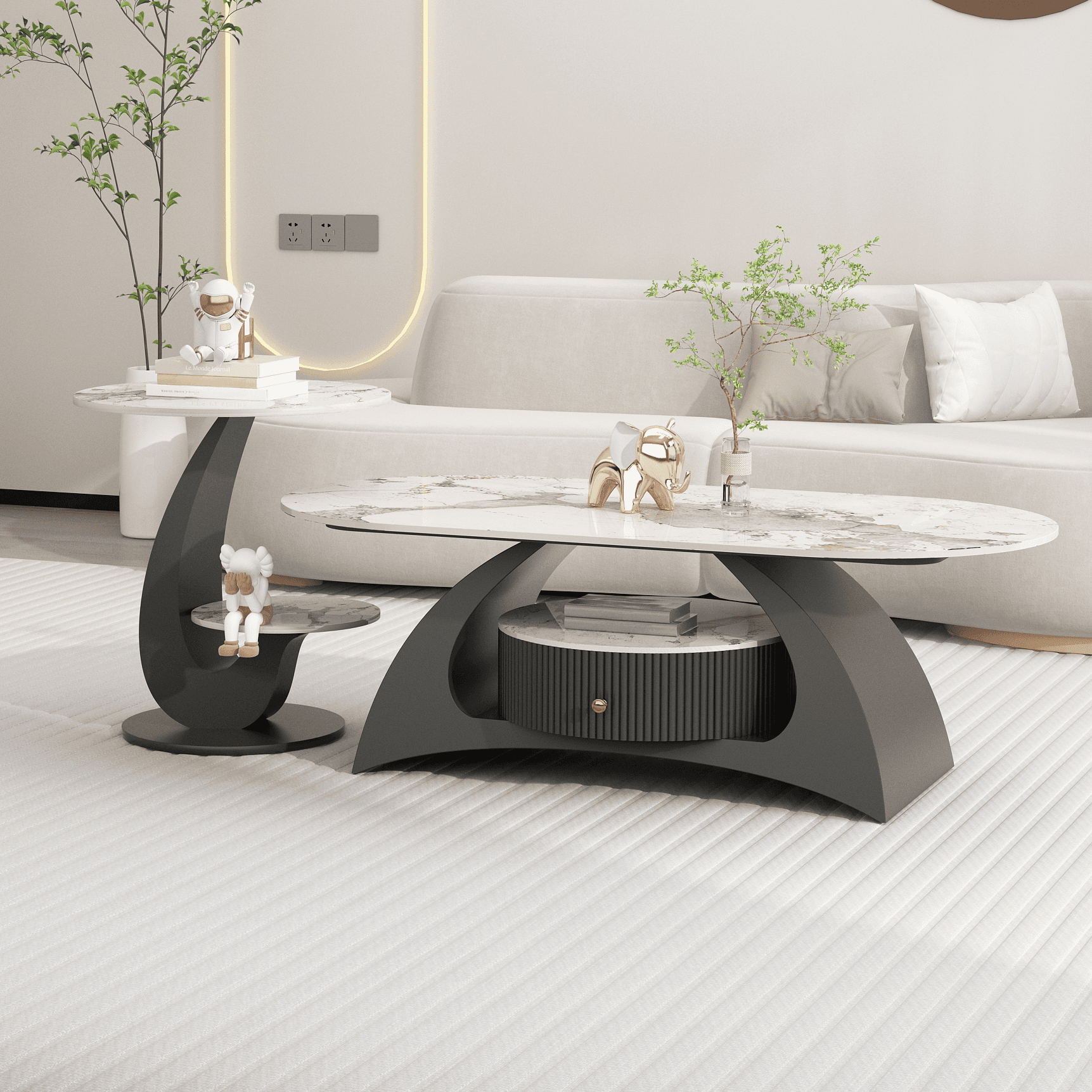 Mission Style Single/Bunching Slate Top Abstract Base White Oval Board Game Coffee Table with 1 Drawer - image 3