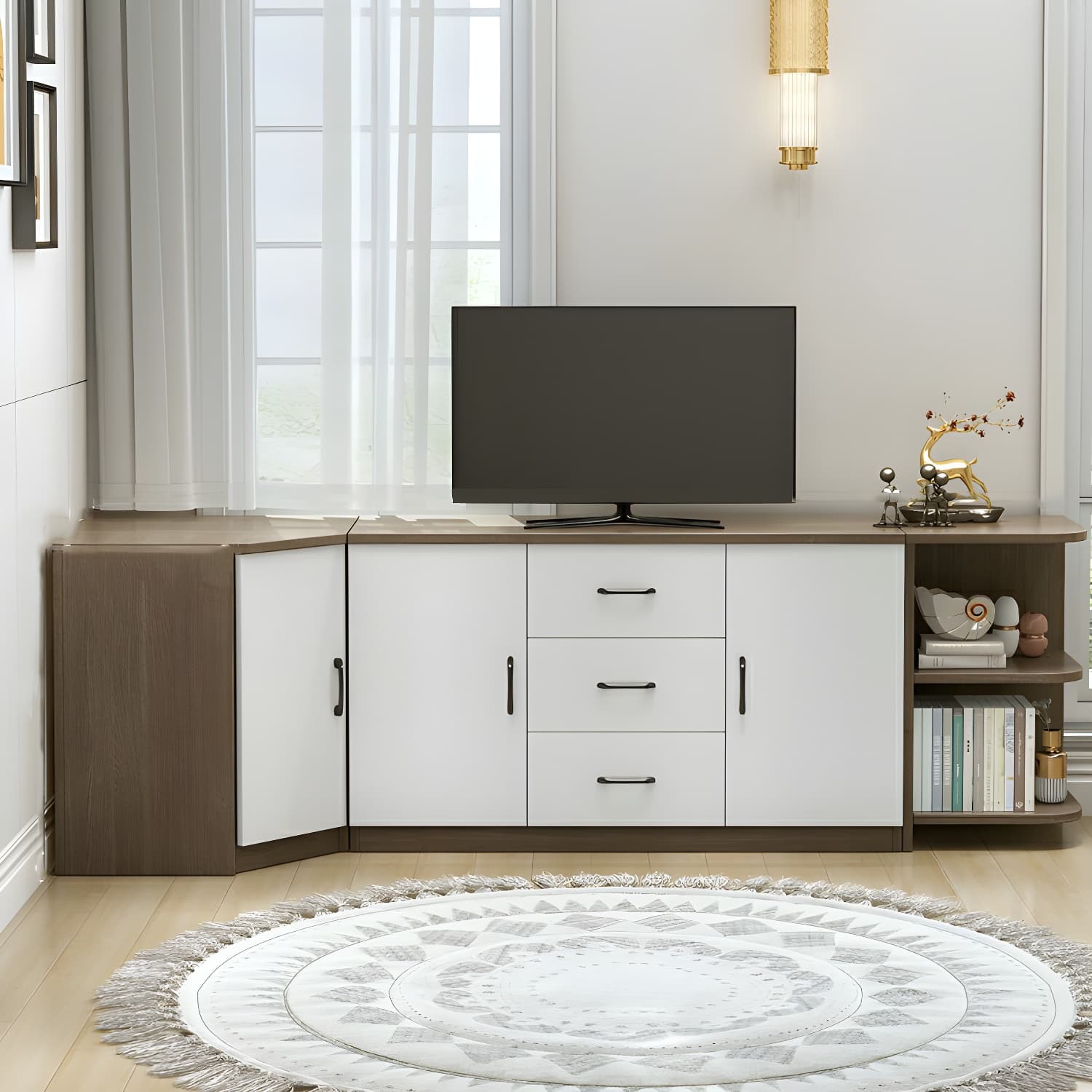 Modern Solid Wood Corner TV Stand Console with Storage Drawers & Shelves - image 5