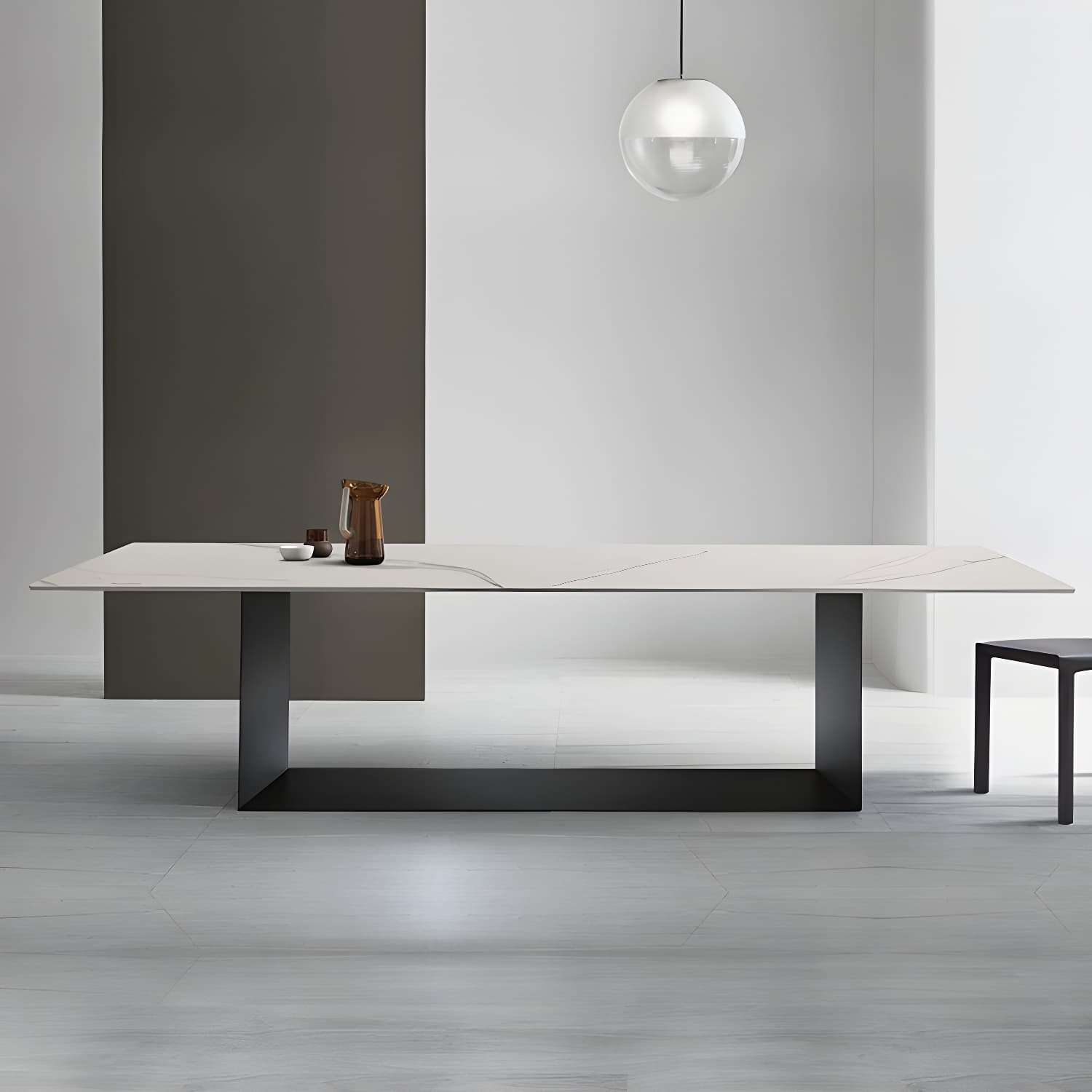 Sophisticated Modern Rectangle Stone Kitchen & Dining Table with Black Metal Trestle Base - image 5