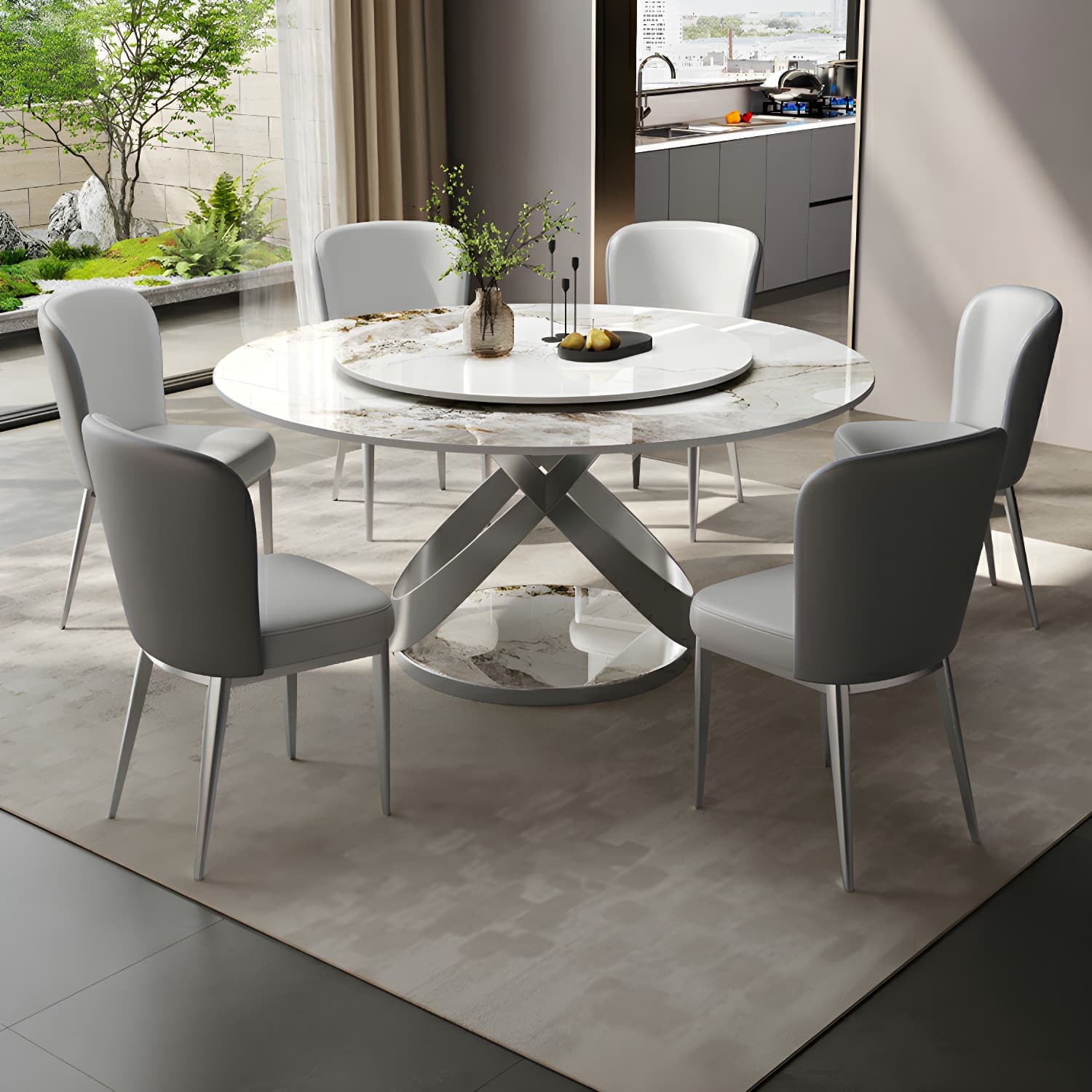 Stunning White Stone Round Dining Table with Lazy Susan and Silver Steel Pedestal Base