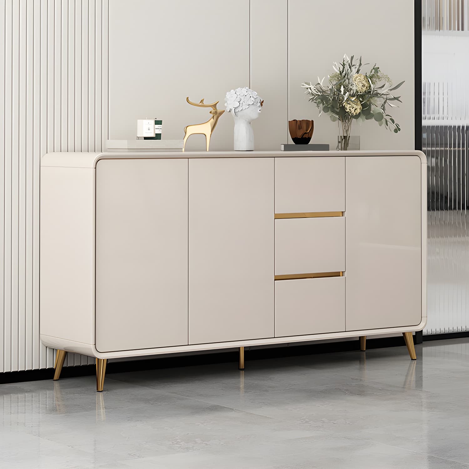 White Glam Sideboard Credenza with Adjustable Shelving and 3 Drawers