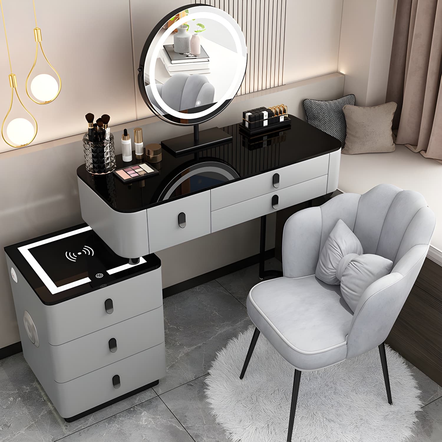 Glass Top Makeup Vanity Desk Lighted Mirror Makeup Vanity Set