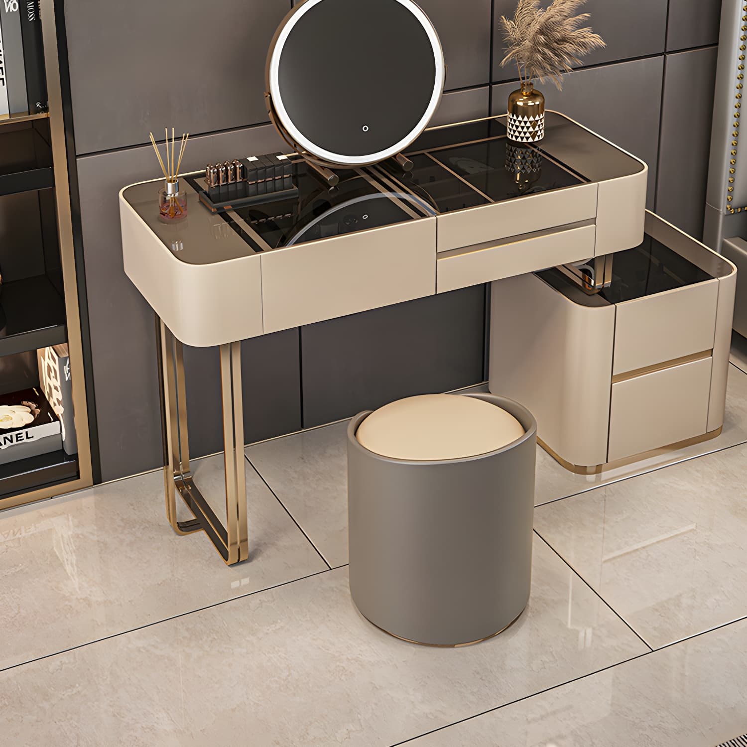 Luxurious Wood and Metal Make-up Vanity 5 Drawers & Lighted Mirror Dressing Table