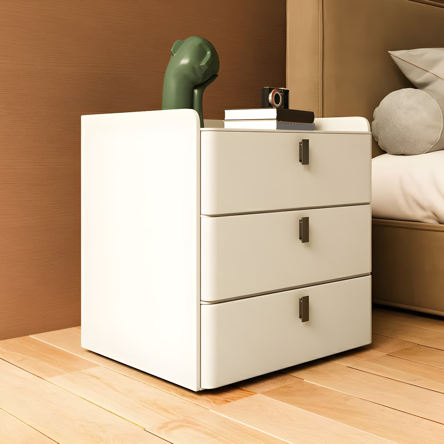 Modern Wood Nightstand with 3 Drawers and Stone Countertop in Small Size