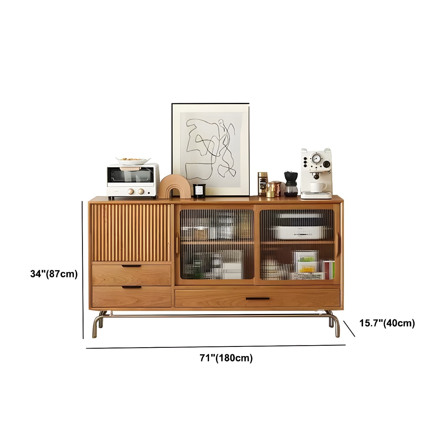 Solid Wood Sideboard Table Natural Adjustable Shelves Credenza with Glass Door - image 20