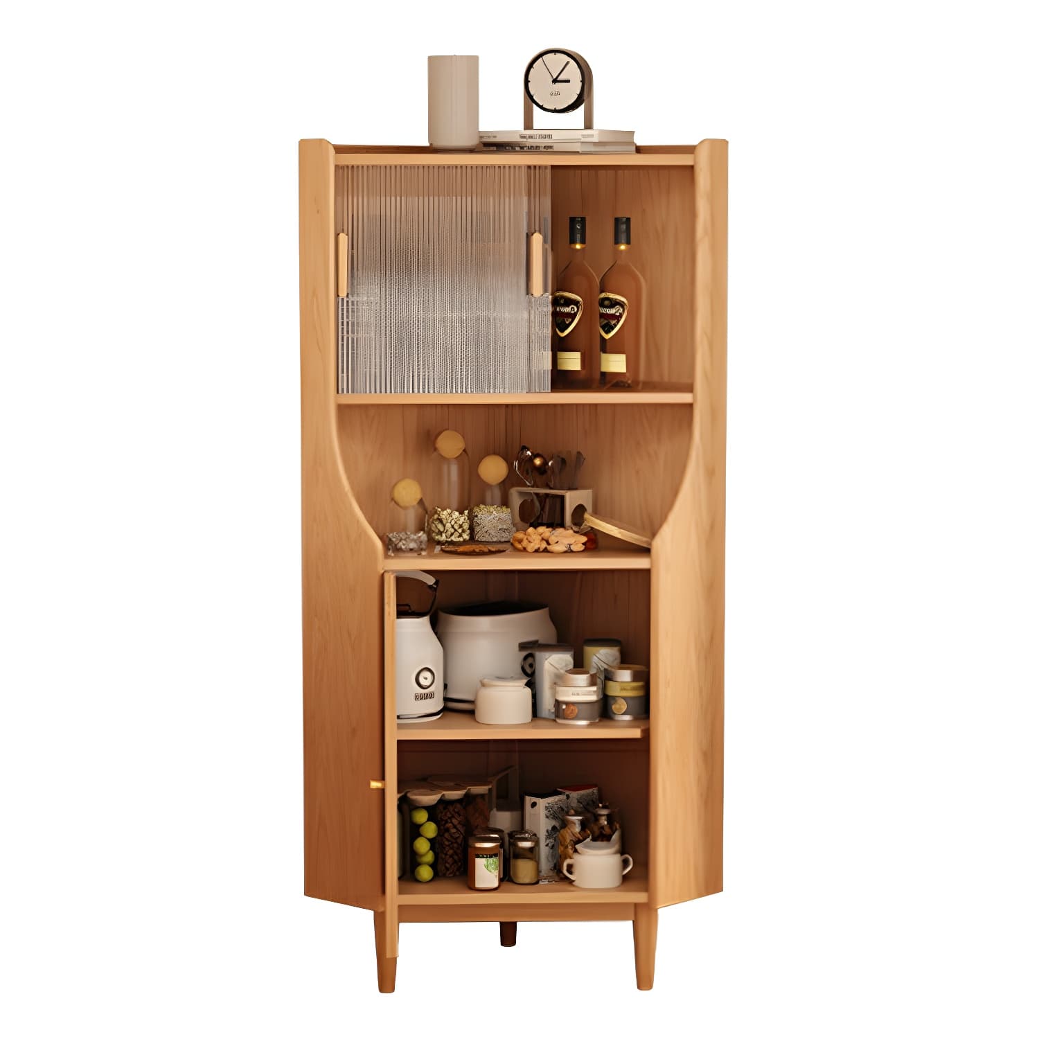 Corner Scandinavian Accent Cabinet with Wood Counter Top and Glass Doors, 2 Exterior Shelves - image 7