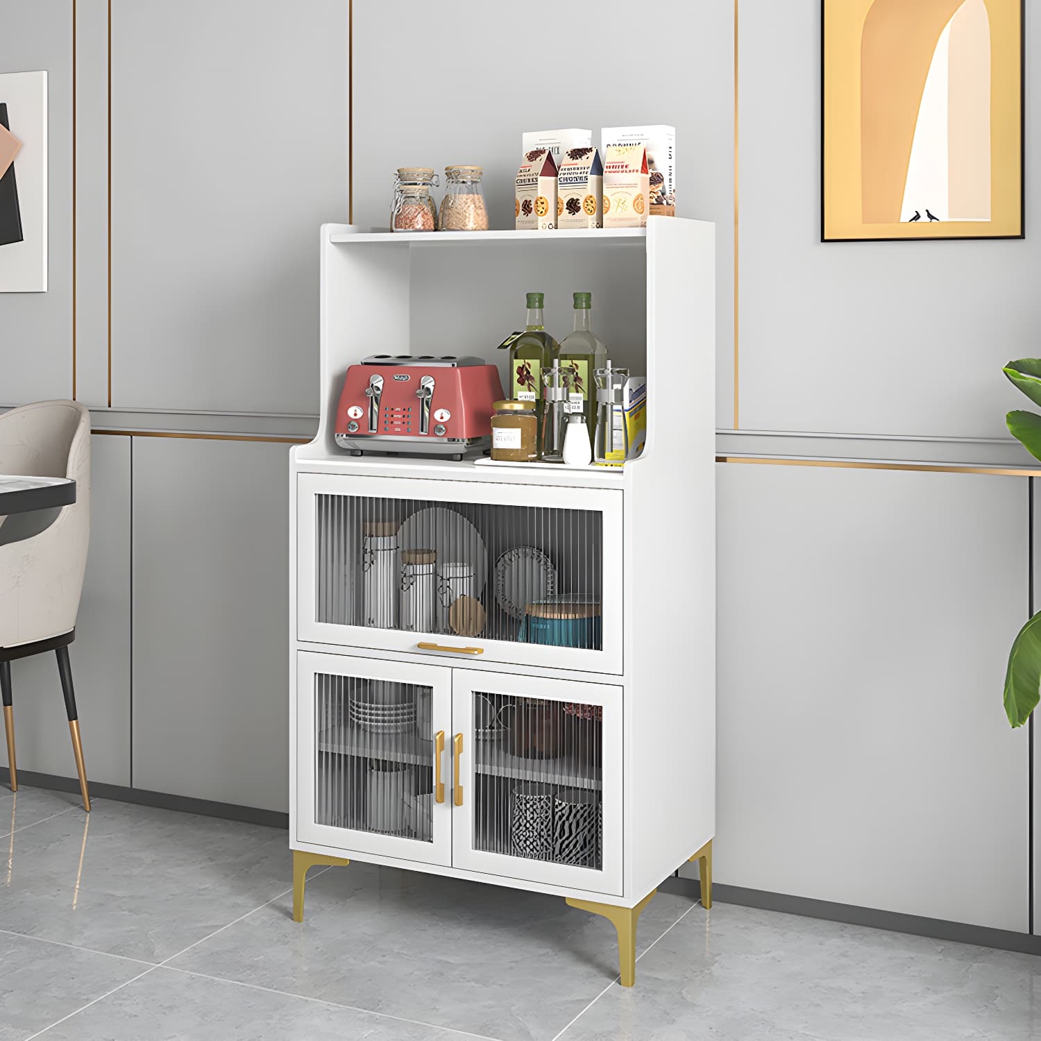Sintered Stone Countertop Dining Server Manufactured Wood Kitchen Server with Glass Doors