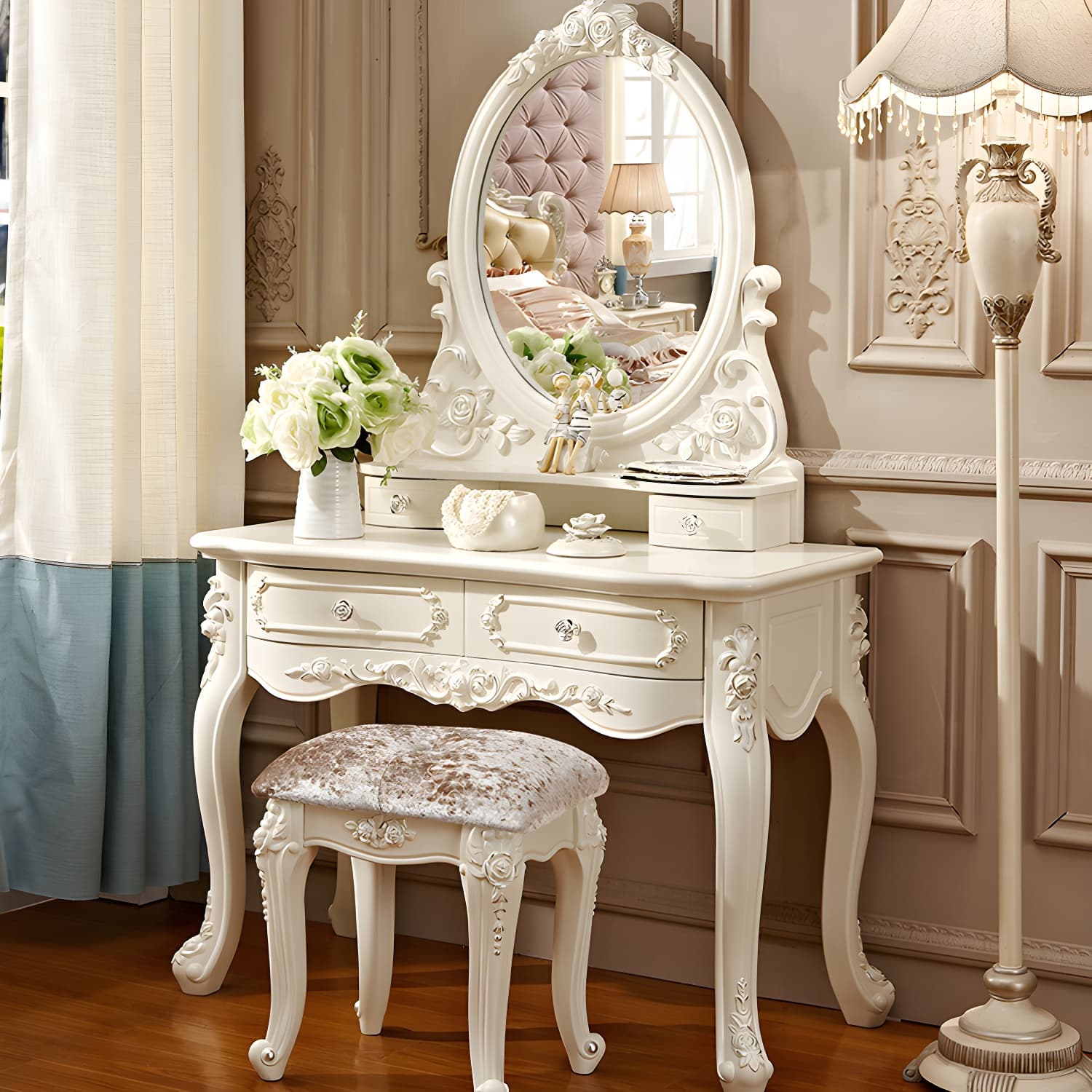 Victorian Makeup Vanity Desk Wood Makeup Vanity Set with Drawer - image 4