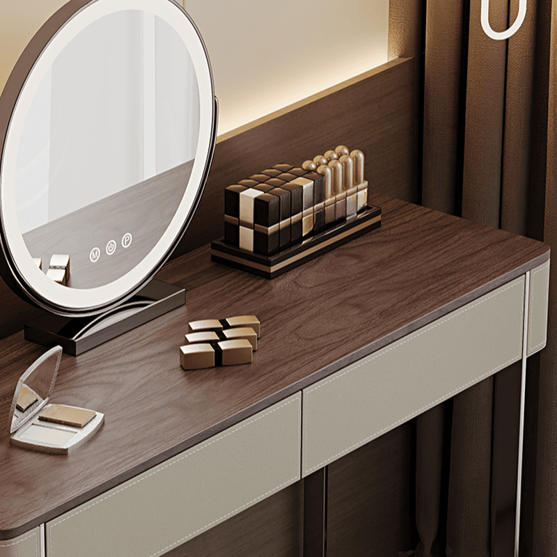 Modish Standard Vanity Set with Timber Table Top, White Chair, 2 Drawers, and Mirror Lights - image 5