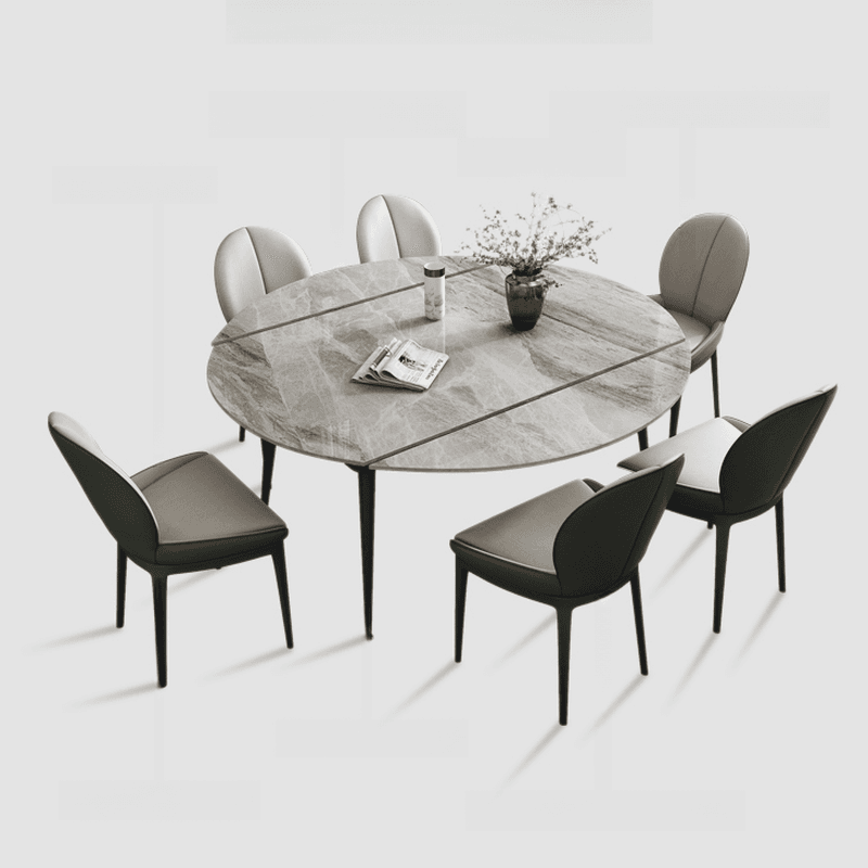 Dining Table Set with Rounded Shape, Slate Stone Table Top, Fixed Table Mechanism, Padded Chair with Back, and Light Gray Table Top - image 4