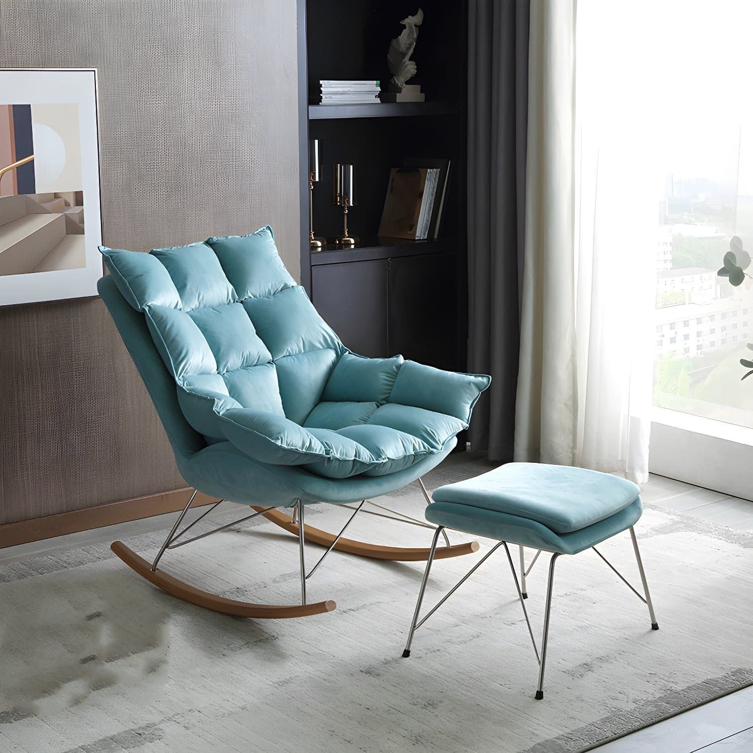 Modern Indoor Sofa Rocking Chair Mother Feeding Rocking Chair with Cushion and Ottoman - image 3