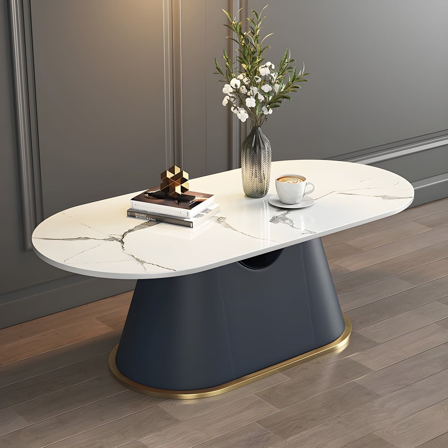 Glam Oval Stone Coffee Table with Pedestal Chrome Base - Scratch Resistant - image 3