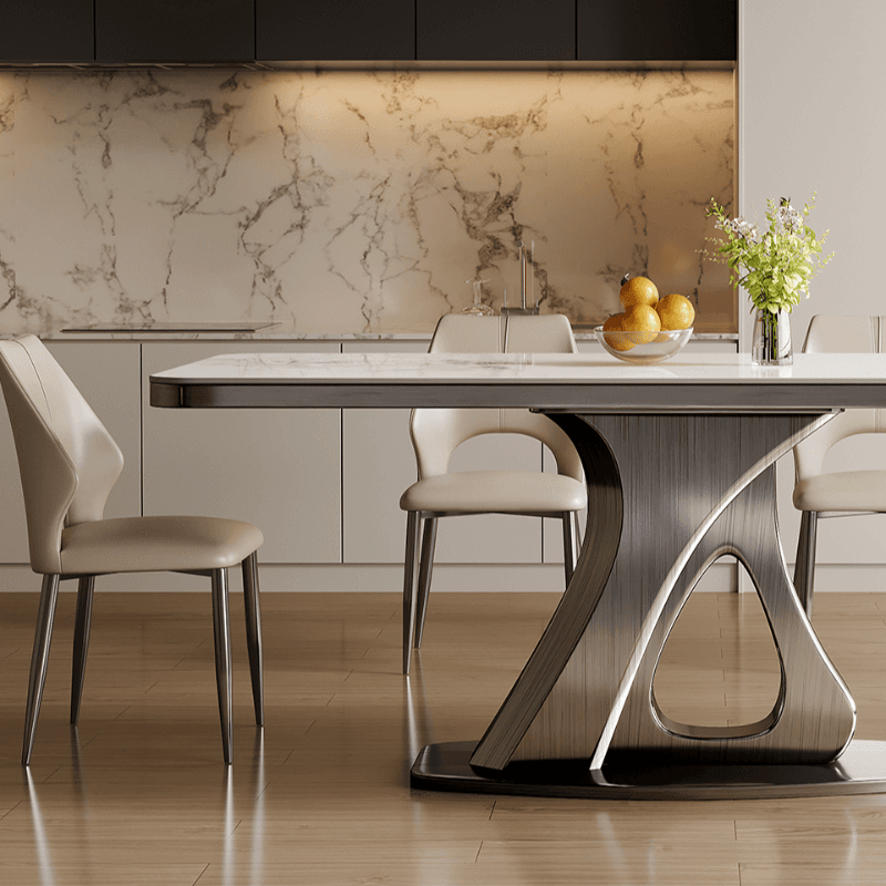 Dining Table Set with Slate Stone Top, Stump Base, Fixed Table, Padded Chair with Back in White - image 6