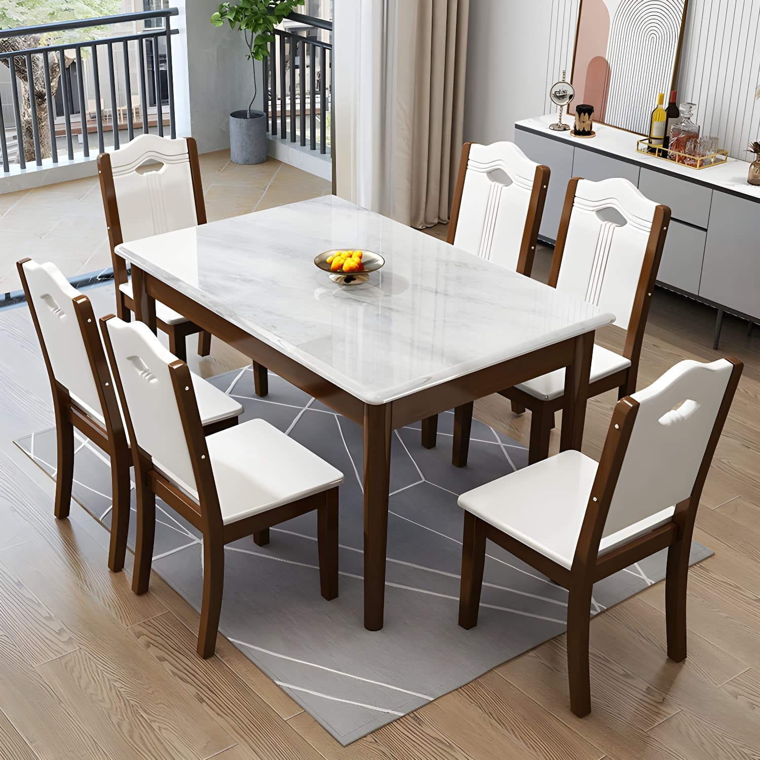 Modern White Marble Kitchen & Dining Room Set - Solid Wood Base, Faux Marble Top