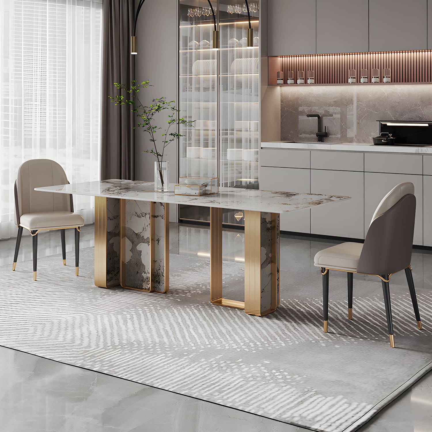 1/4/5/9 Pieces Rectangle Glam Furniture Stone Dining Table Set with Double Pedestal Base - image 4