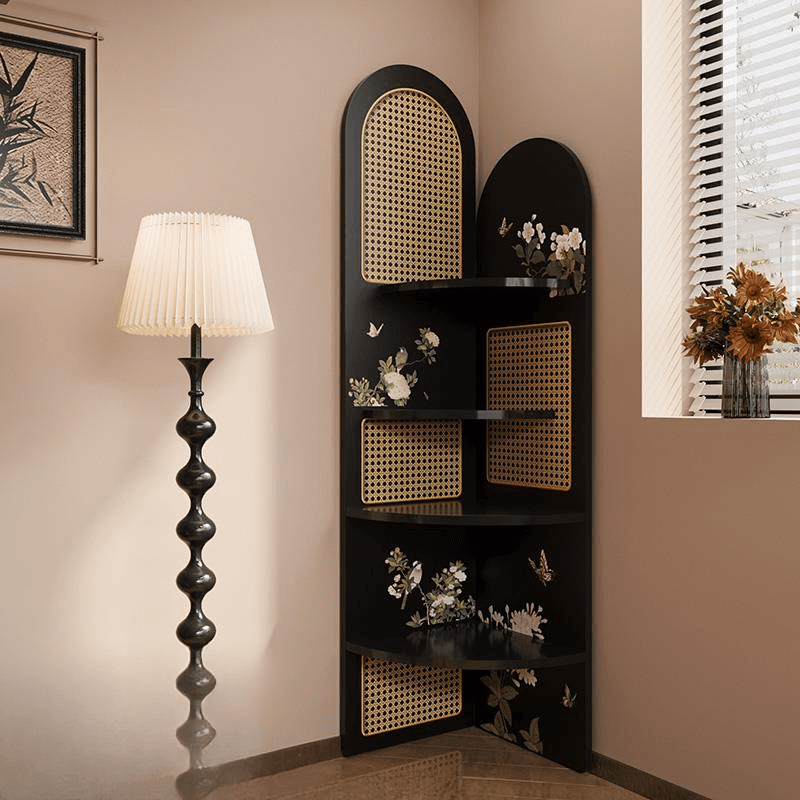 Modern Simple Style Nook Decorative Cabinet with 4 Exterior Shelves, Matte Black Laminate Top