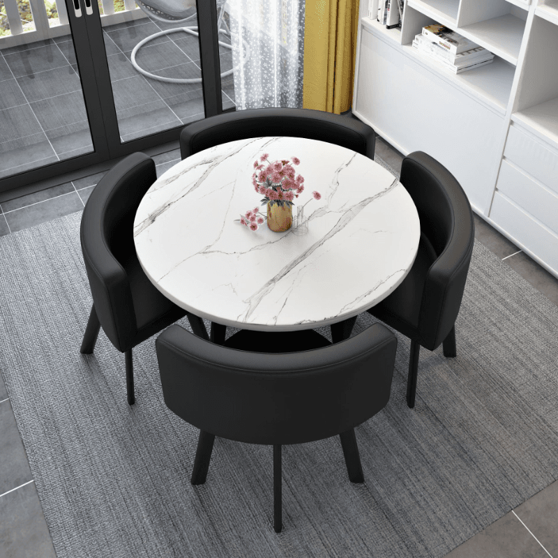 Minimalist Dining Table Set with Rounded Recycled Wood Top, Padded Chair, Back Seat, White Color