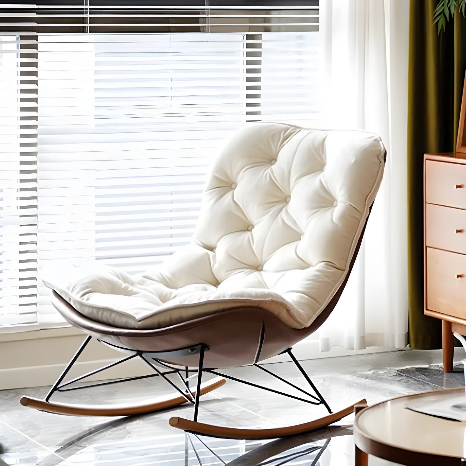 Modern Upholstered Rocking Chair with Tufted Seat - Natural Wood Legs and Armless Design - image 13