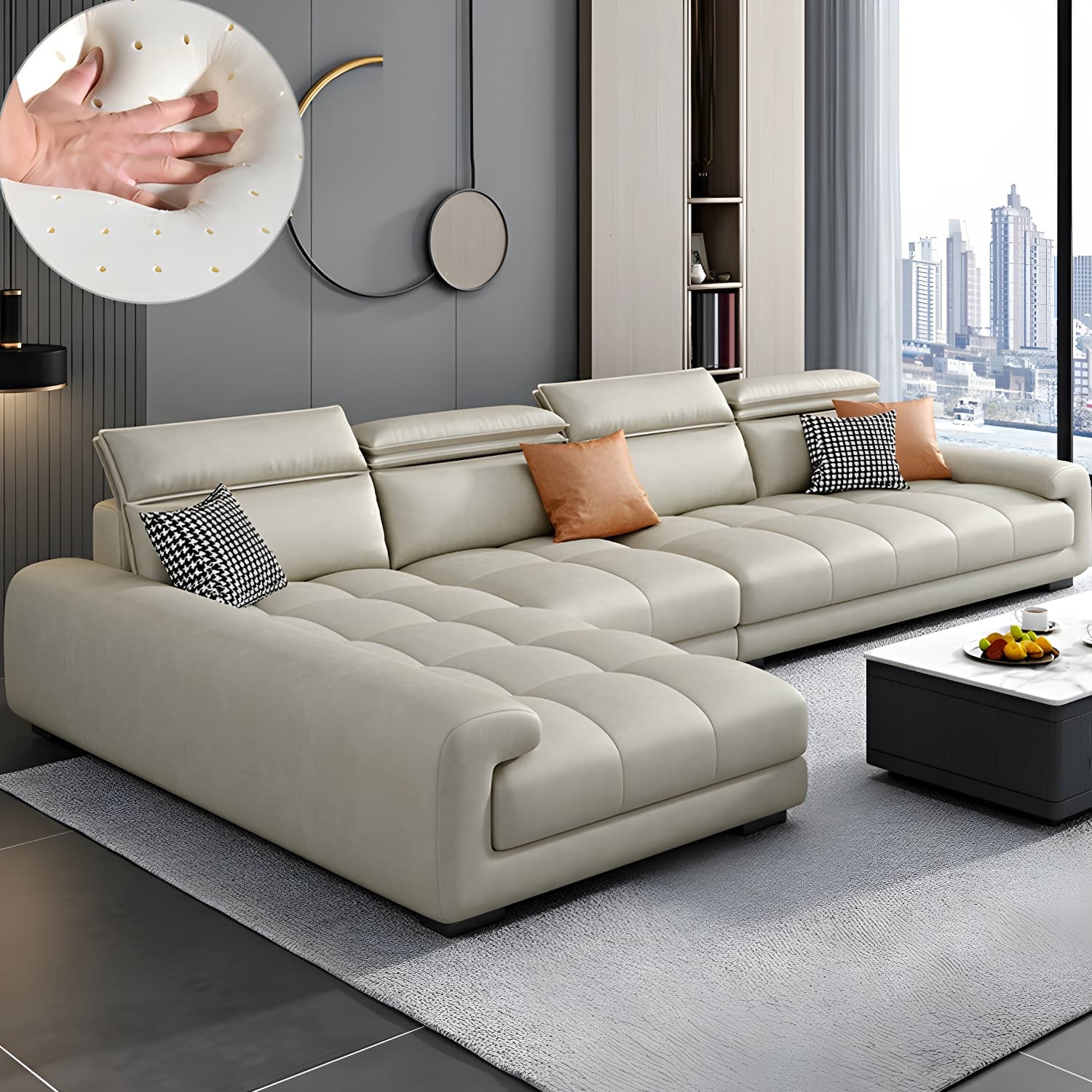 Modern L-Shape Tech Cloth Sectional Sofa Set with Adjustable Headrest