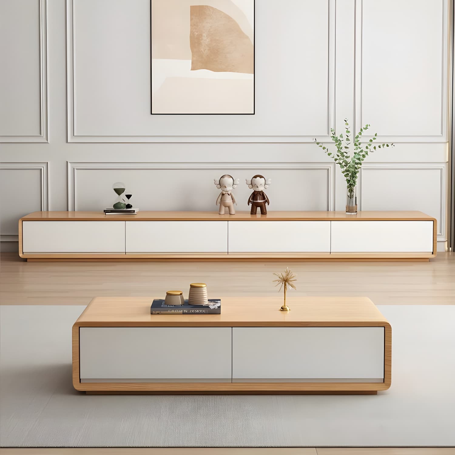Contemporary Oblong Wood TV Stand in Natural and White with Drawers - image 4