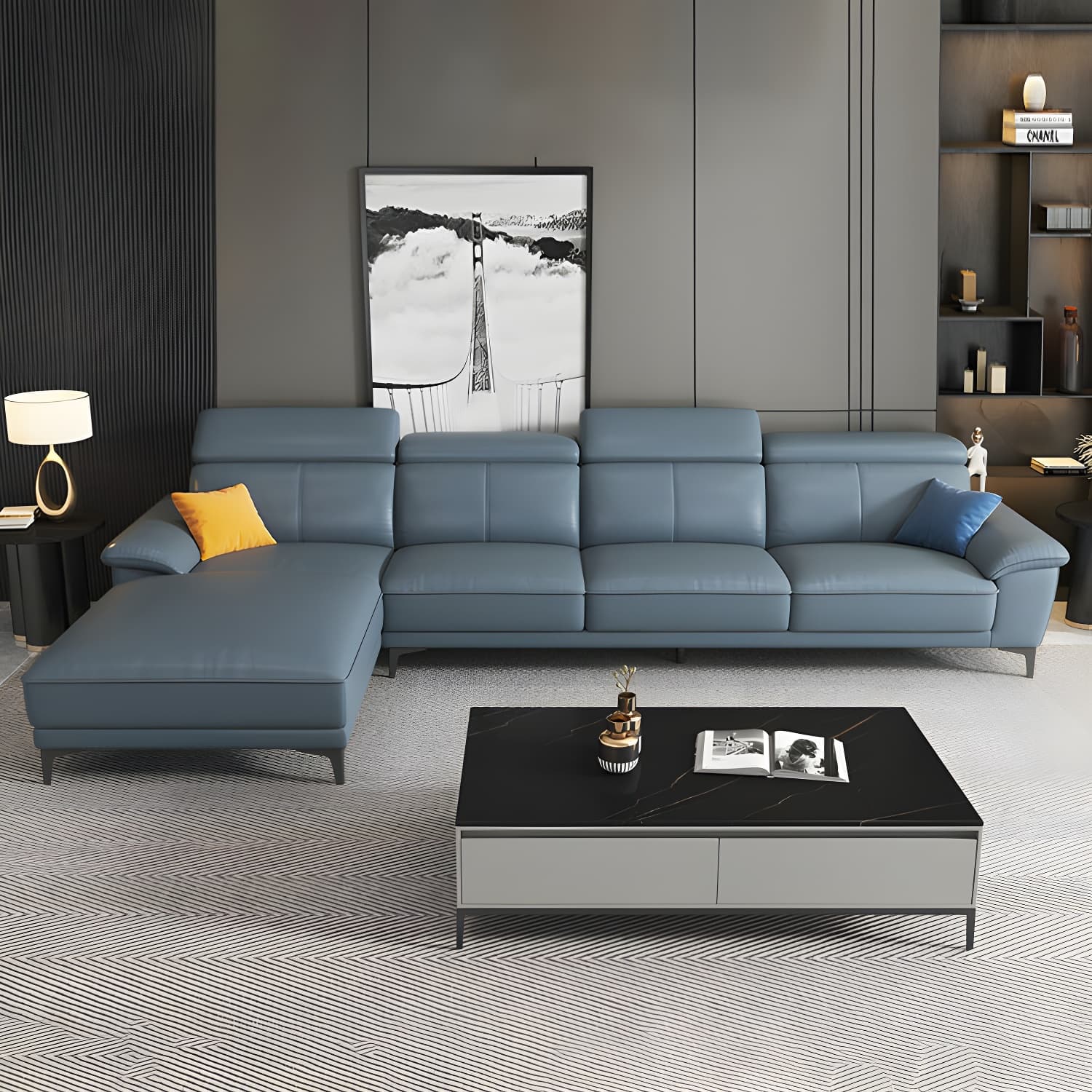 Modern Genuine Leather Sectional Sofa with Pillow Top Arms and Black Legs