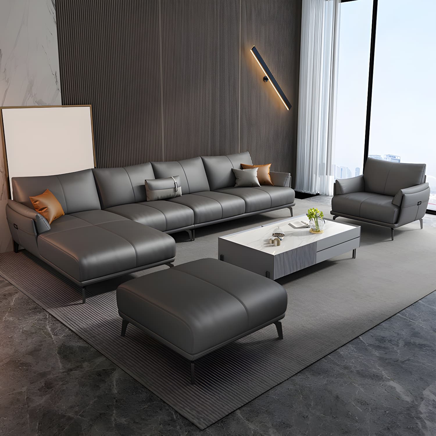 Modern Genuine Leather Sectional Sofa with Wood Frame and Stationary Design - image 6
