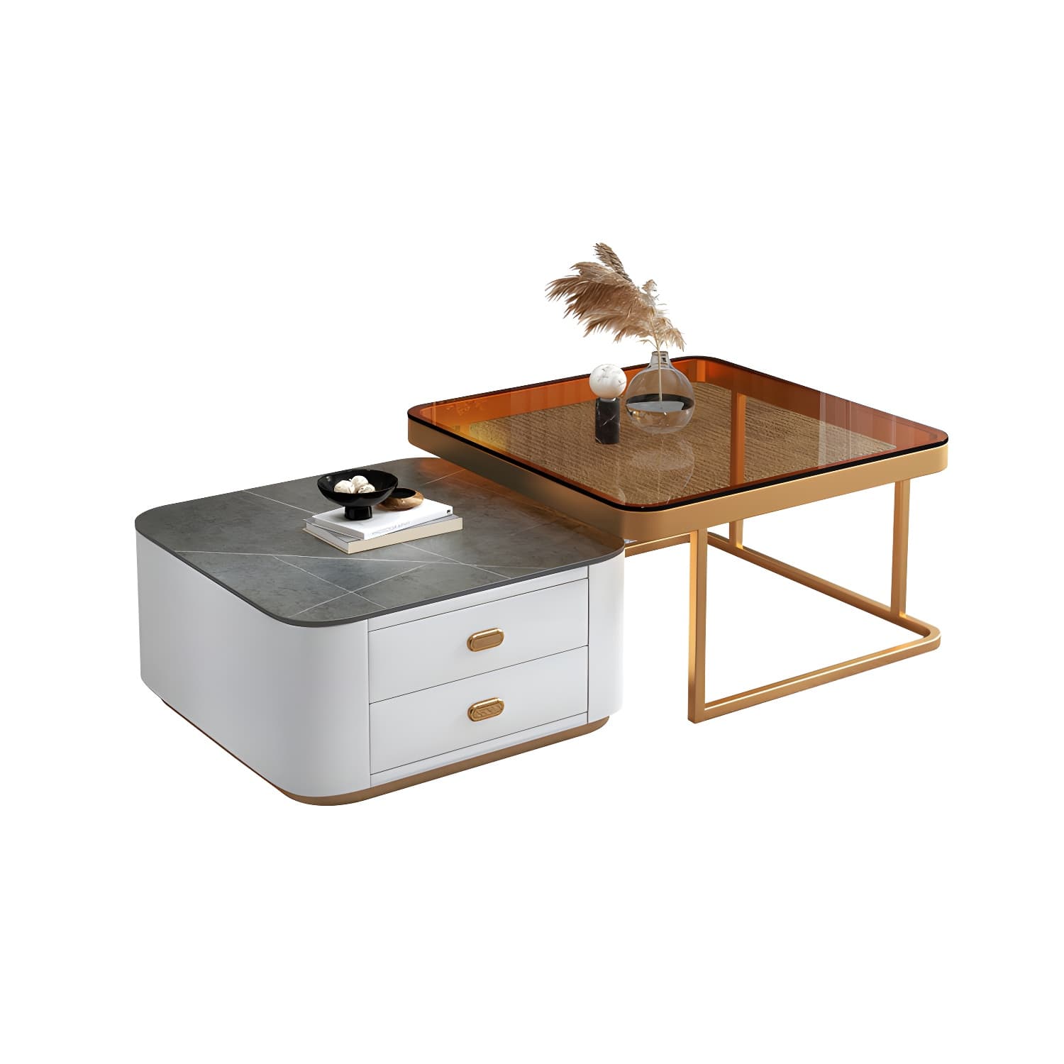 Square Coffee Table Glass Top 2 Nesting Coffee Table Set with Storage - image 8