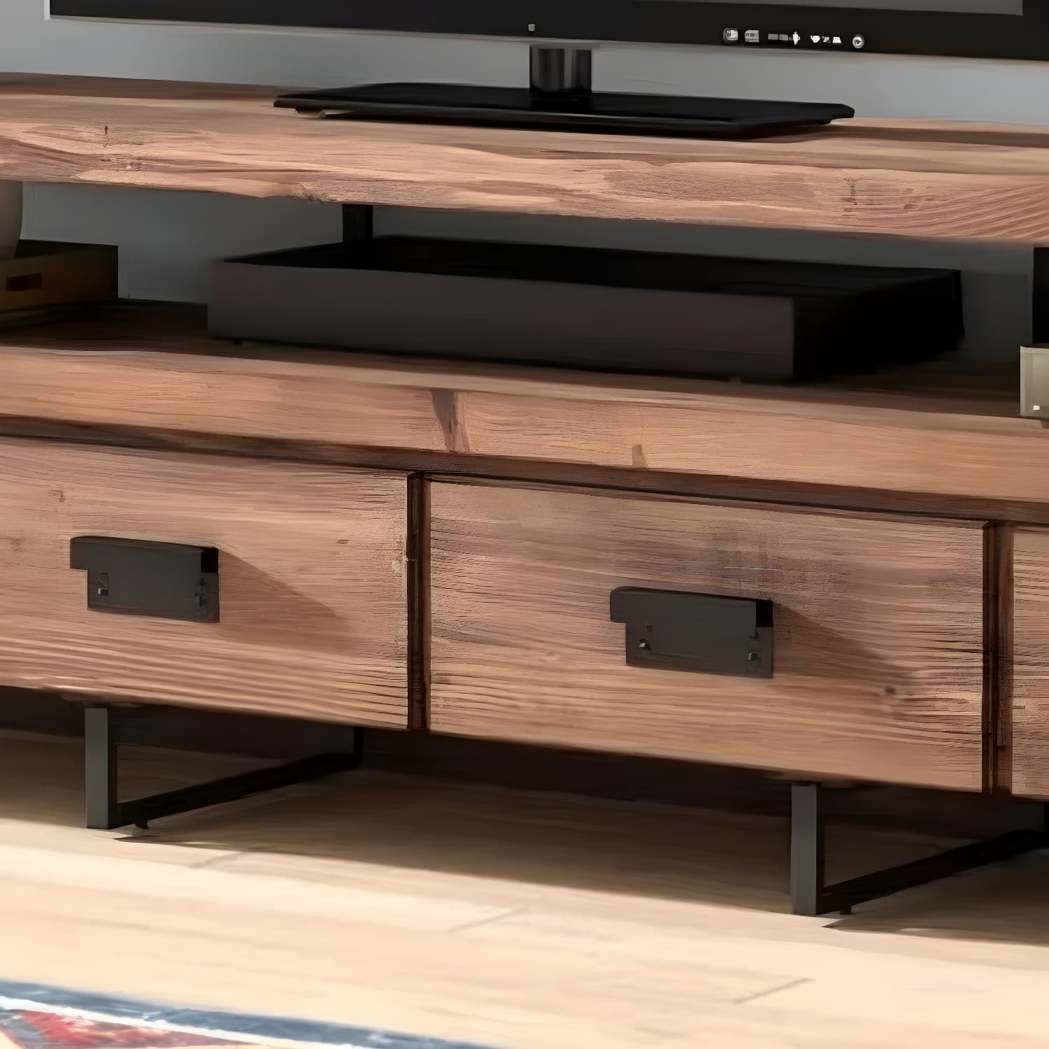 Brown Media Console with Shelves Industrial Pine Wood Top TV Media Stand - image 7