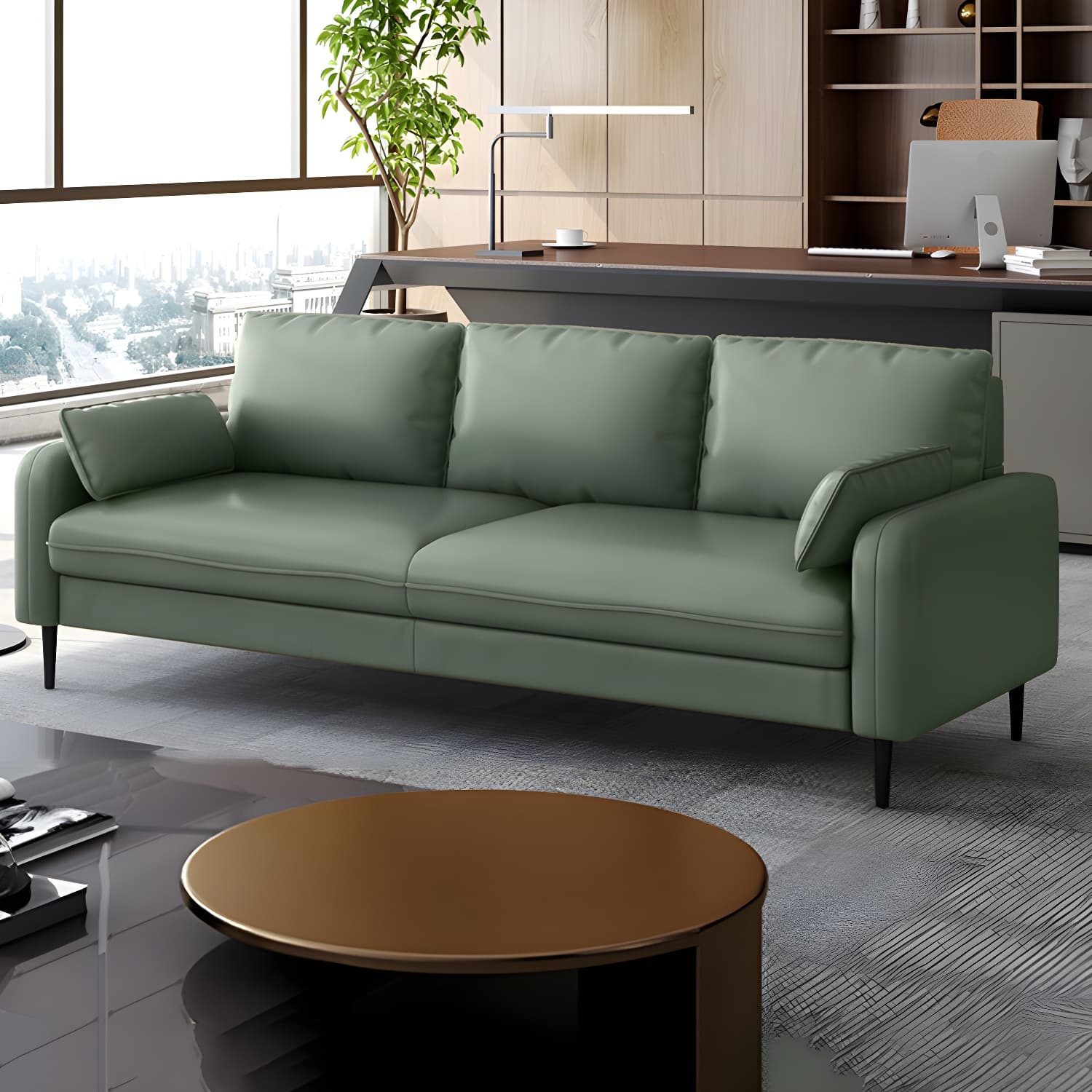 3-Seater Faux Leather Sofa Mid Century Loose Back Square Arm Settee