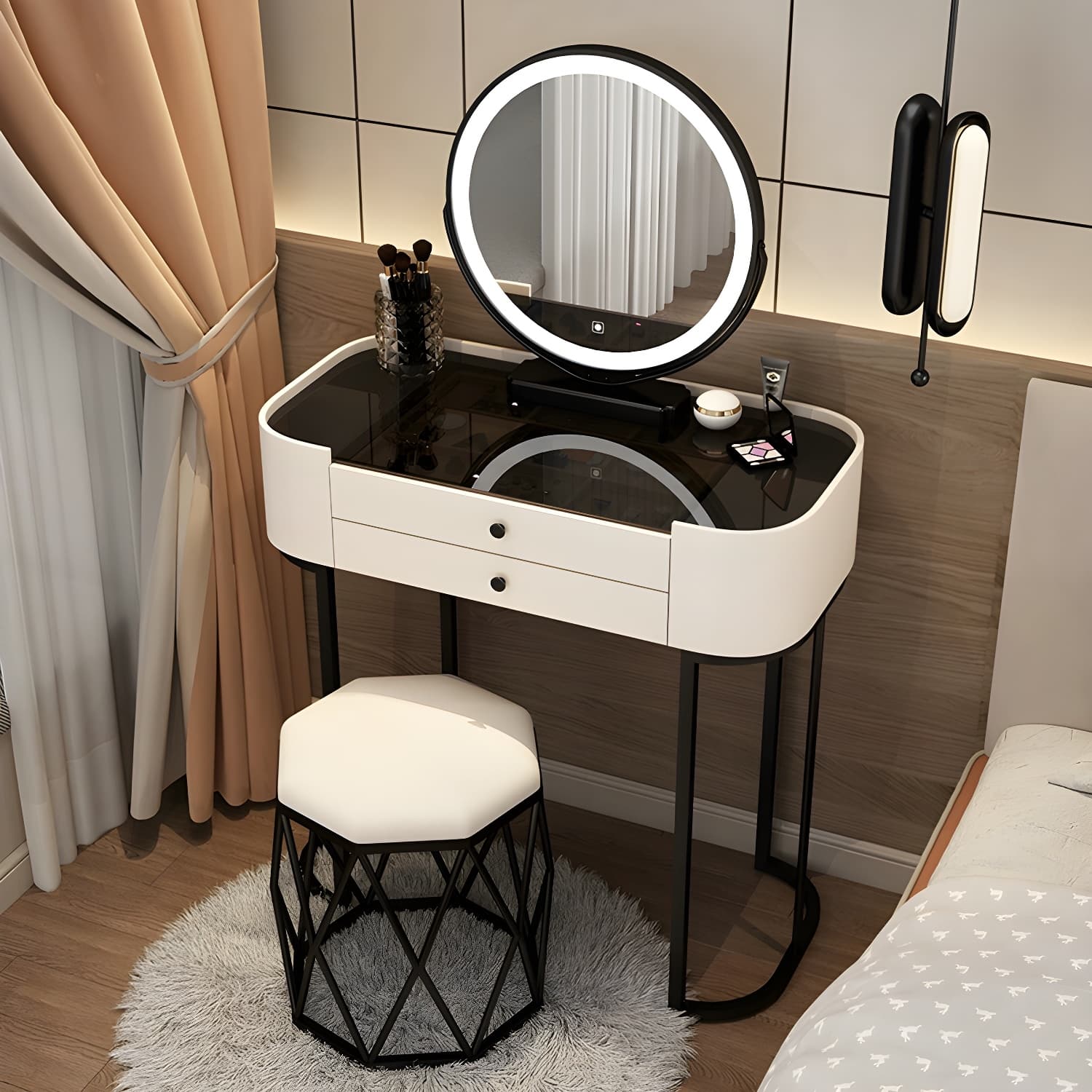 Contemporary Vanity Makeup Dressing Table Stool Set with Mirror - image 5