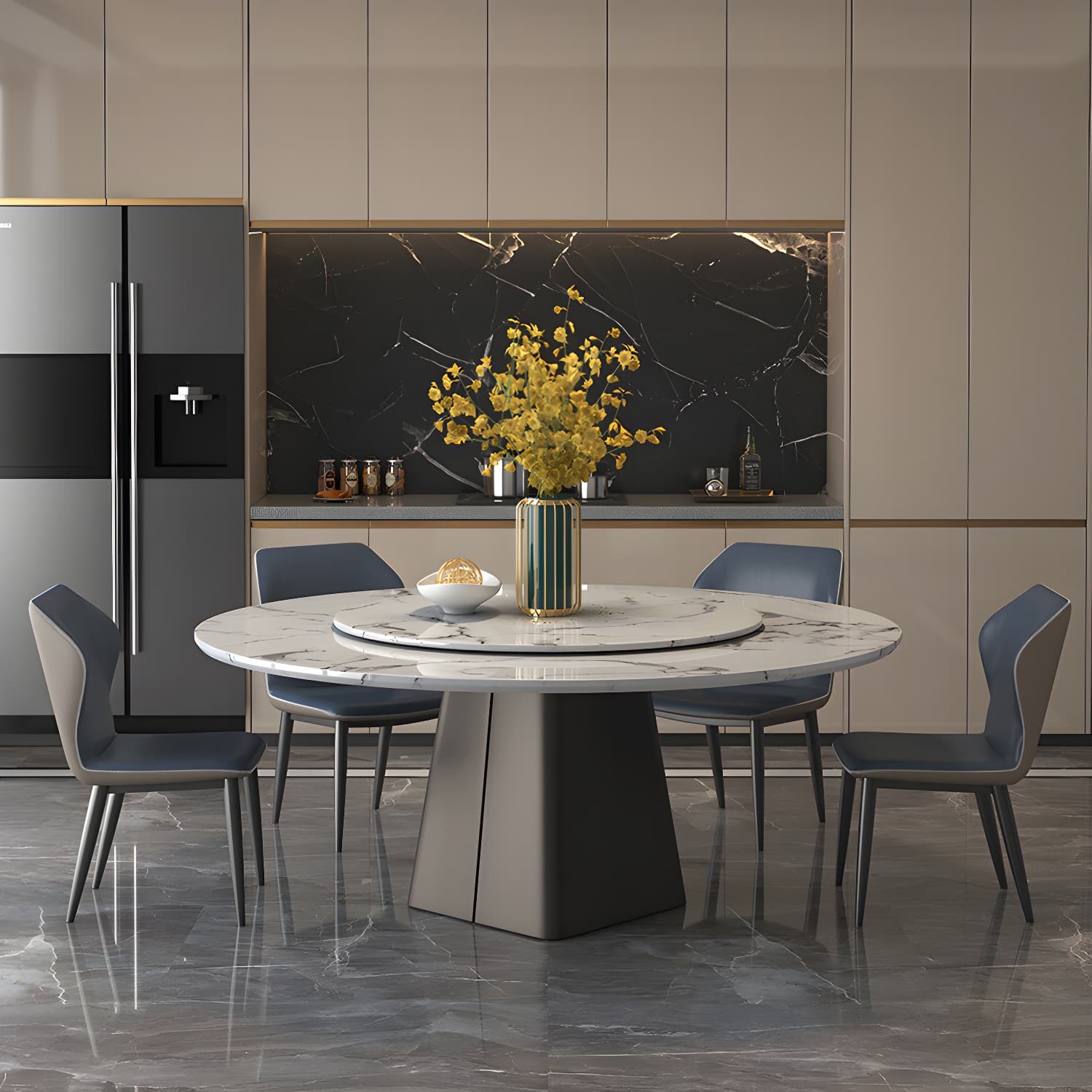 Marble Dining Table Set 1/4/5/7/11 Pcs Rectangle Table with Wingback Chairs