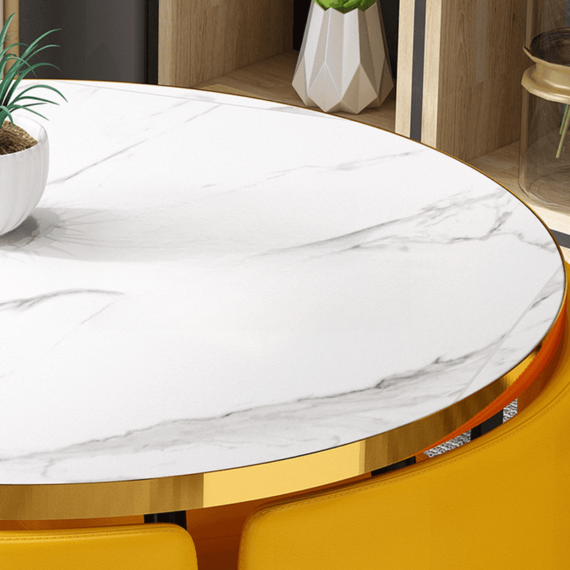 Art Deco Circular-shaped Upholstered Chair Metal & Faux Wood Dining Table Set with Upholstered Back in White, 5 Pieces - image 21